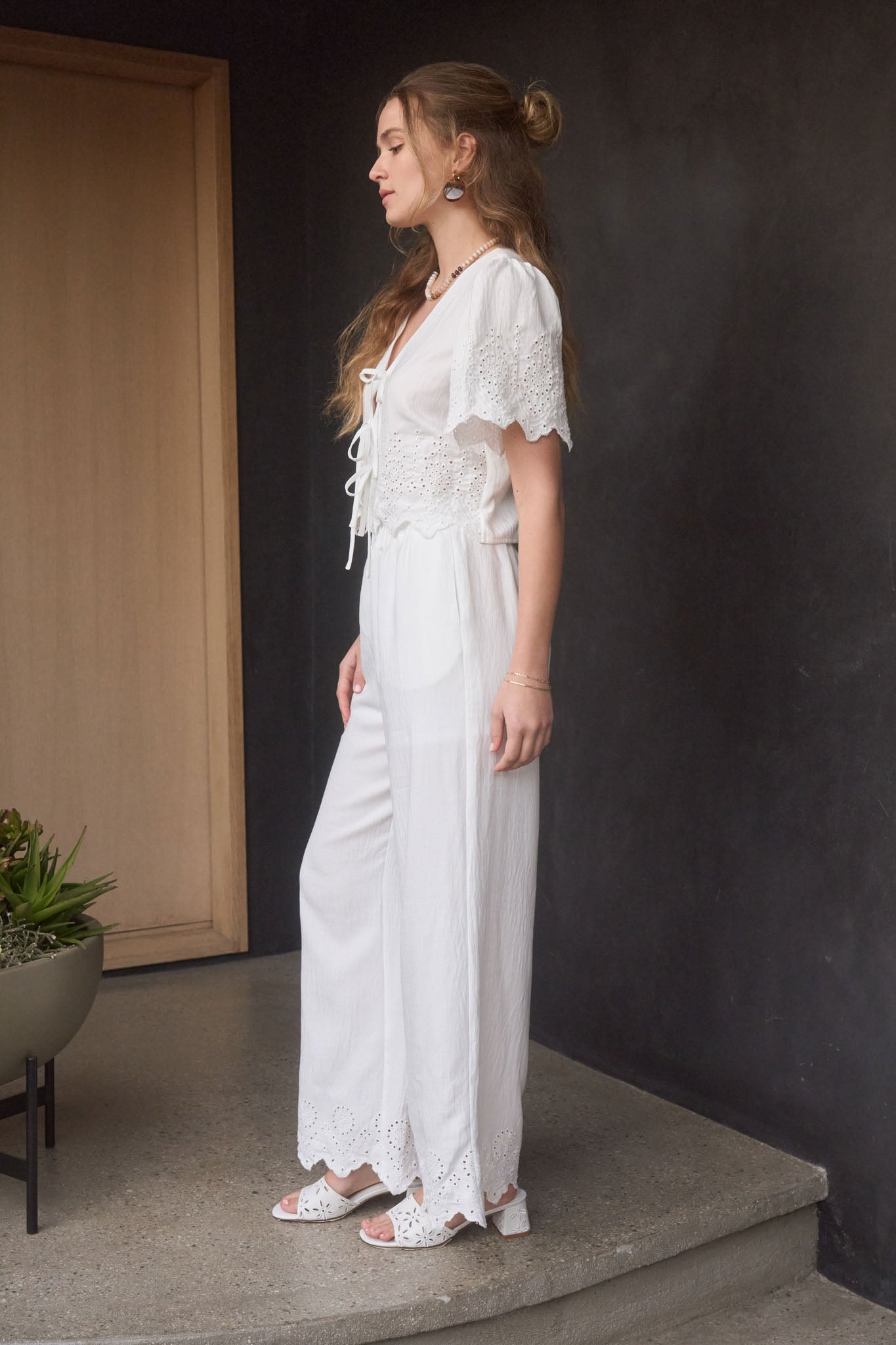 EYELET TRIM FRONT TIE BLOUSE AND WIDE LEG PANT SET