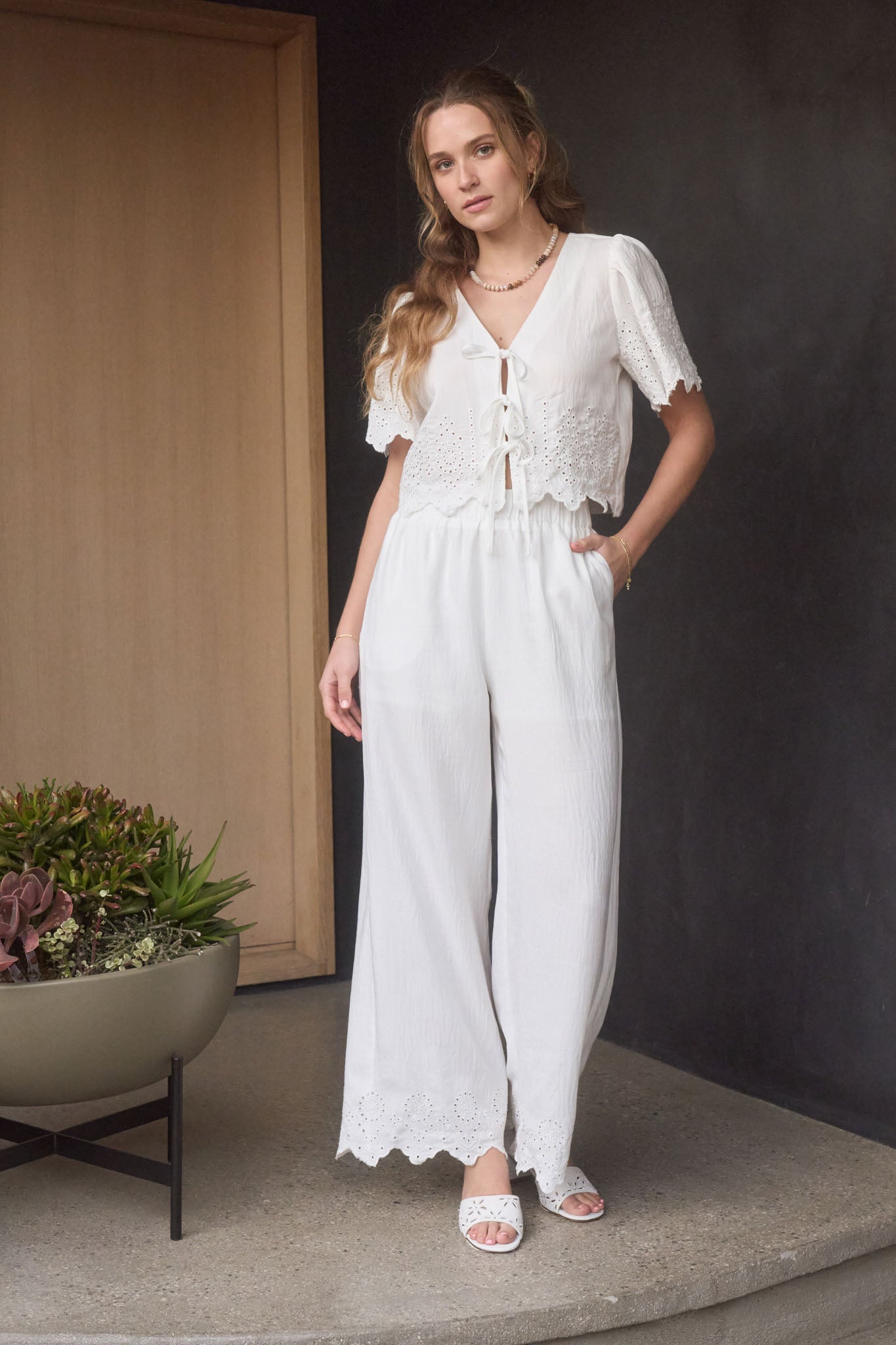 EYELET TRIM FRONT TIE BLOUSE AND WIDE LEG PANT SET