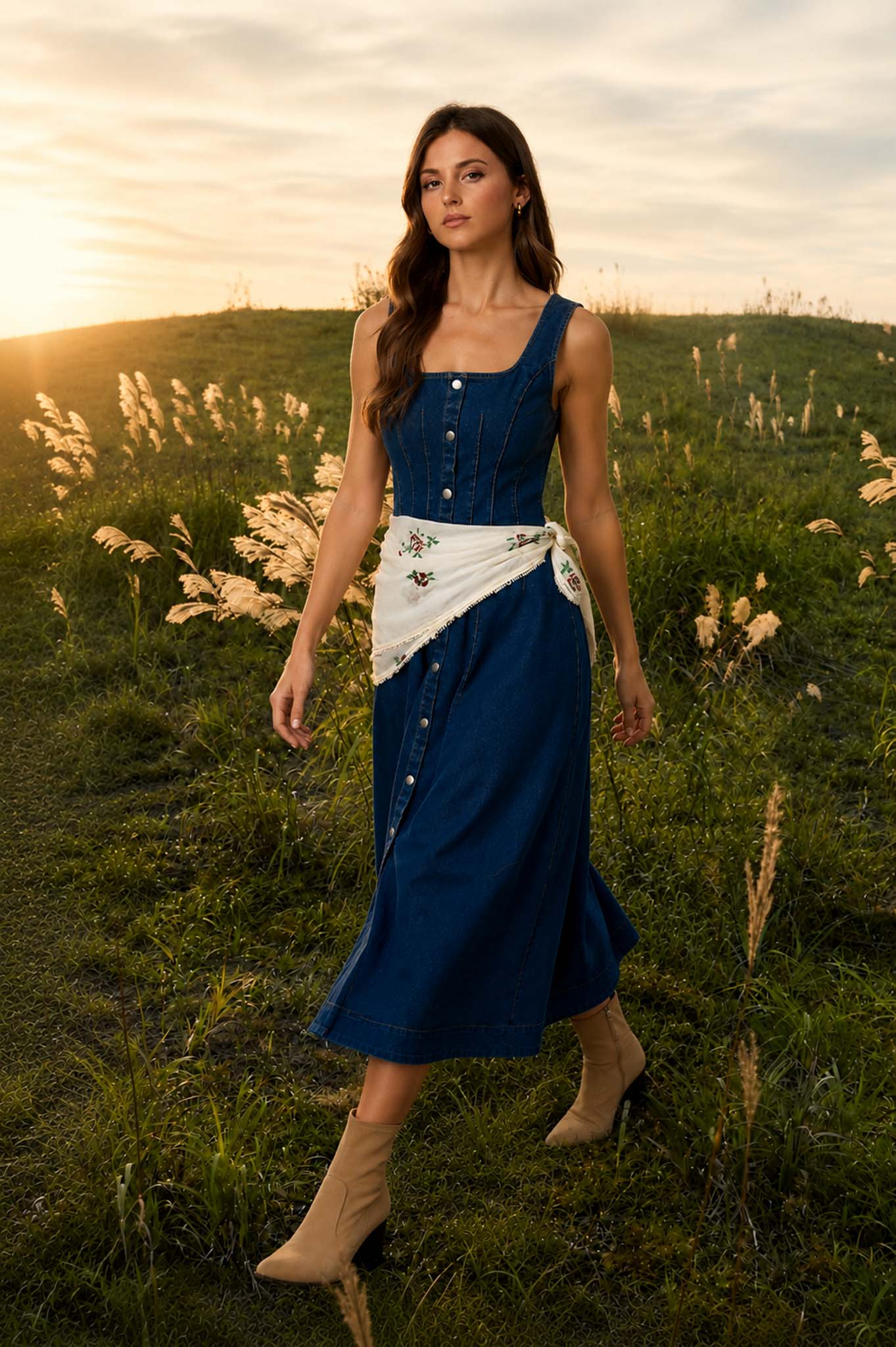 BUTTON DOWN SEAM DETAIL DENIM MIDI DRESS