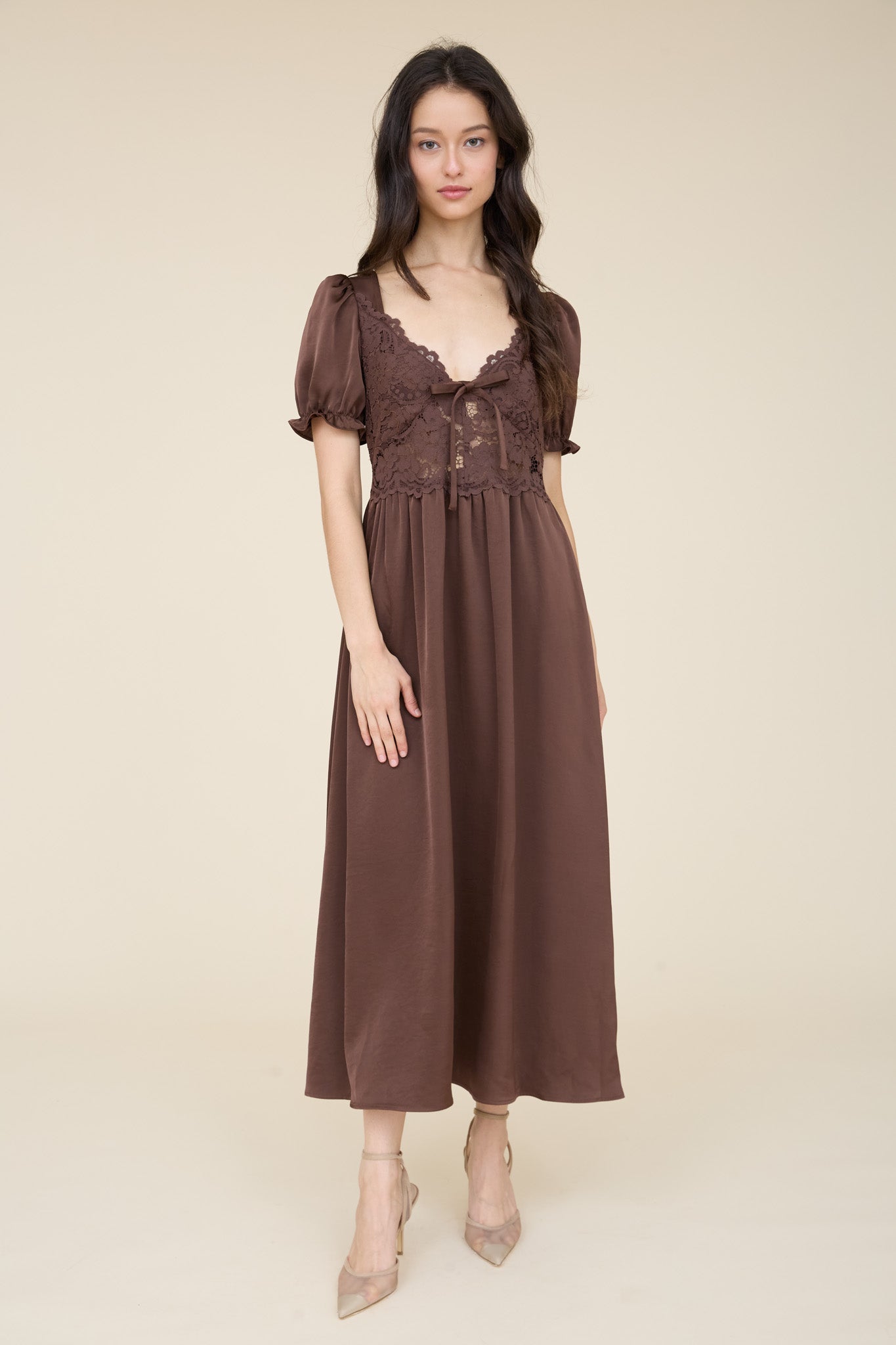 LACE BODICE FRONT TIE PUFF SLEEVE SATIN MIDI DRESS (PRE-ORDER)