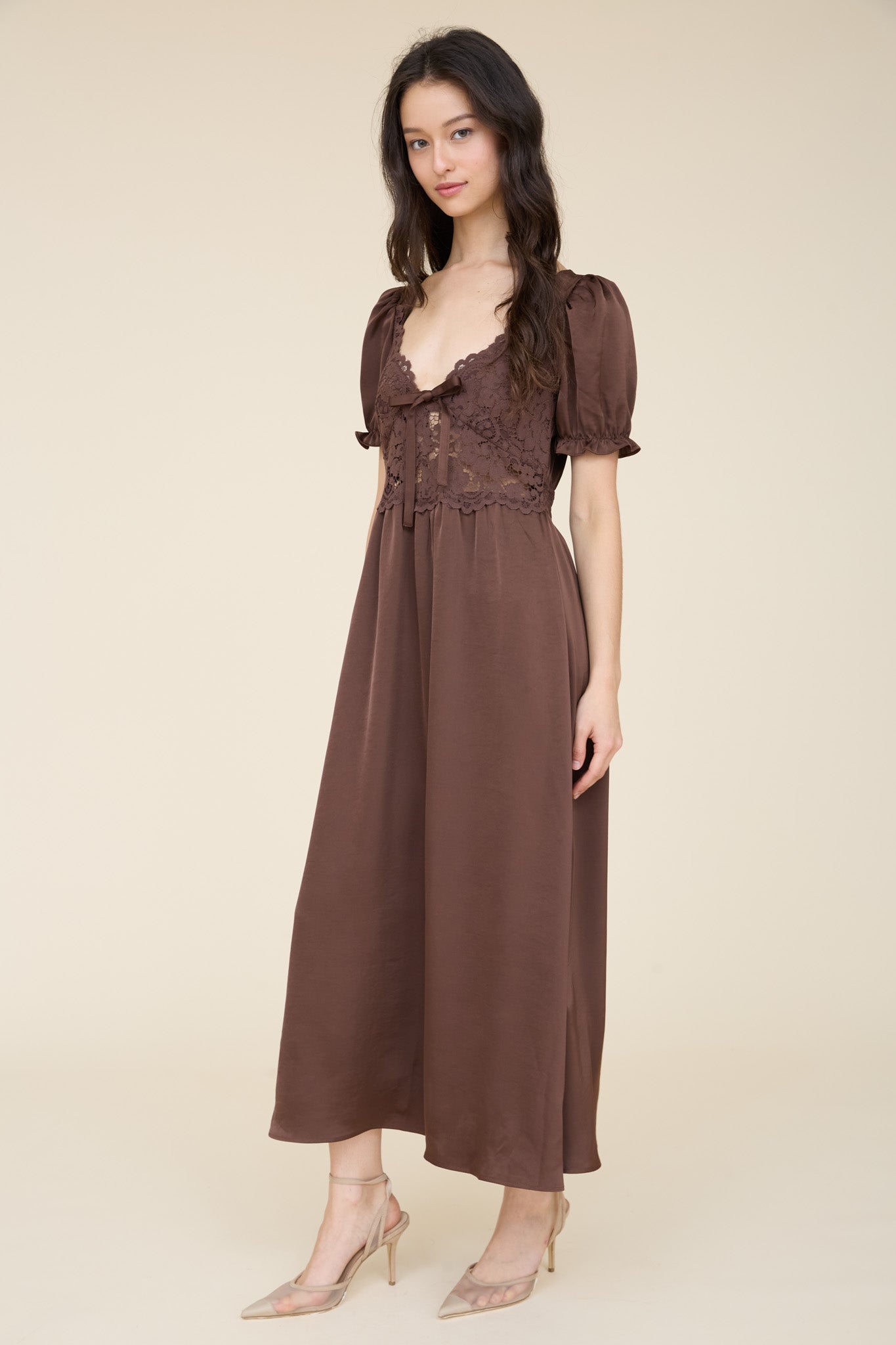 LACE BODICE FRONT TIE PUFF SLEEVE SATIN MIDI DRESS (PRE-ORDER)