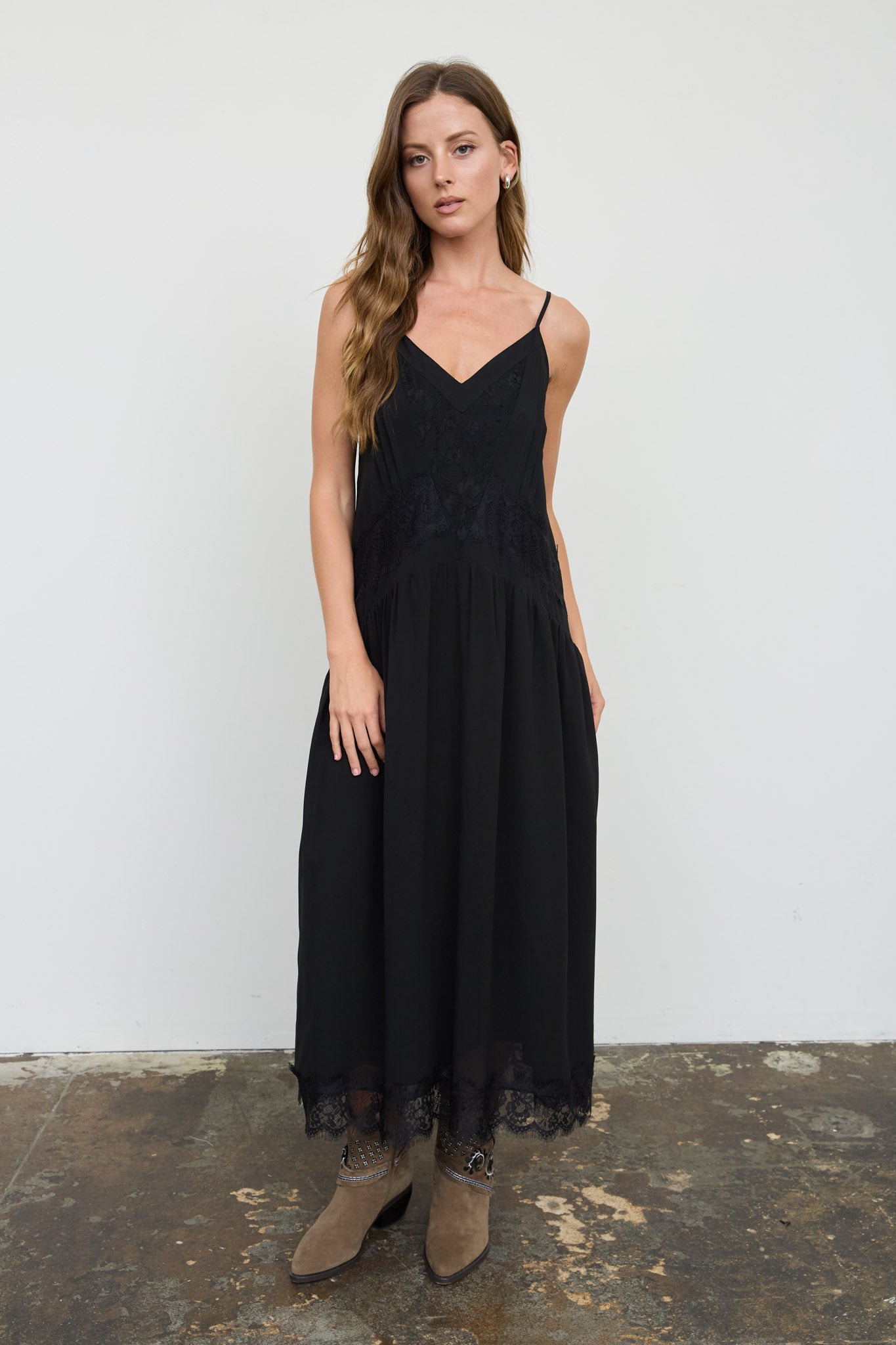 LACE TRIM DROP WAIST SPAGHETTI STRAP MIDI DRESS (PRE-ORDER)