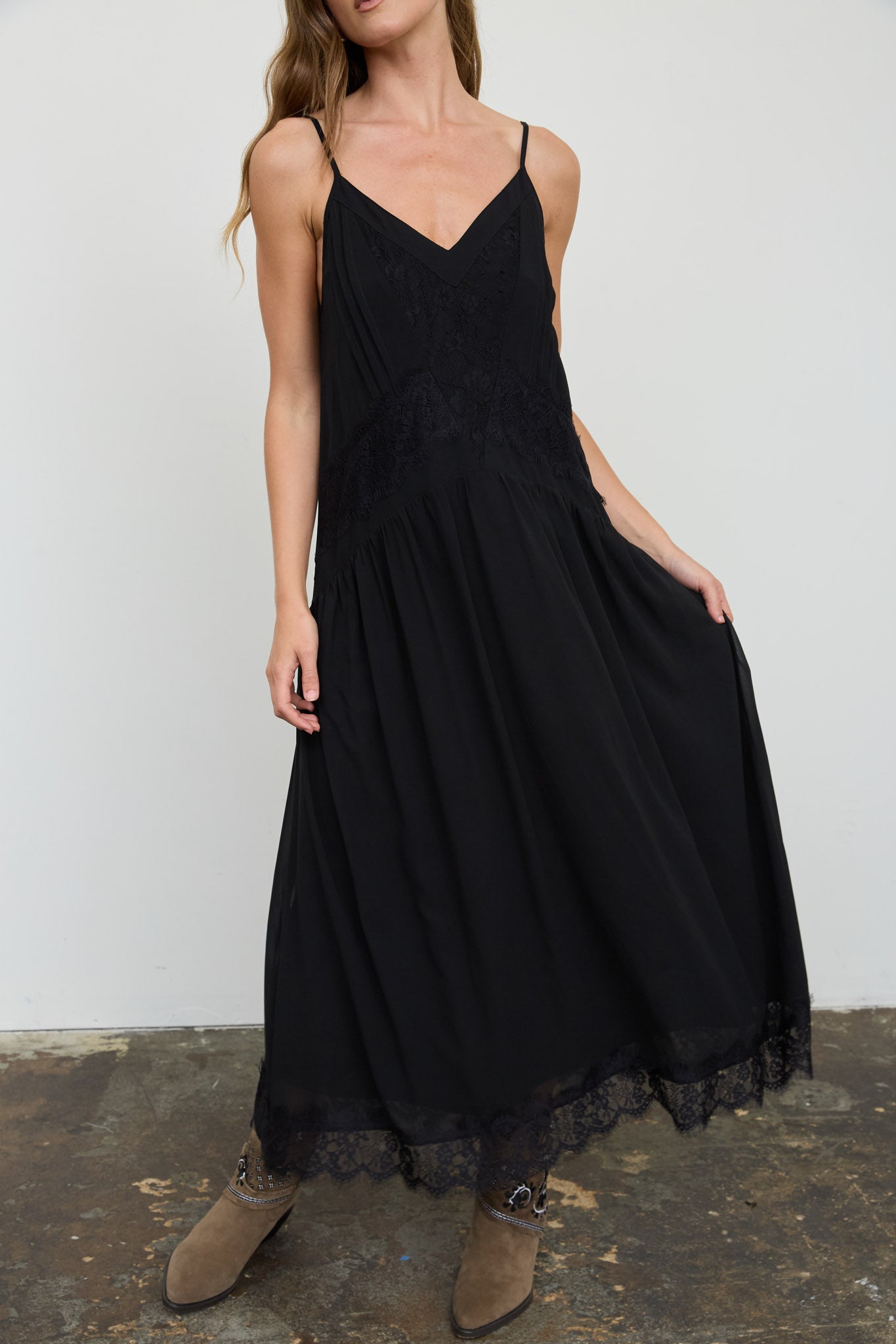 LACE TRIM DROP WAIST SPAGHETTI STRAP MIDI DRESS (PRE-ORDER)