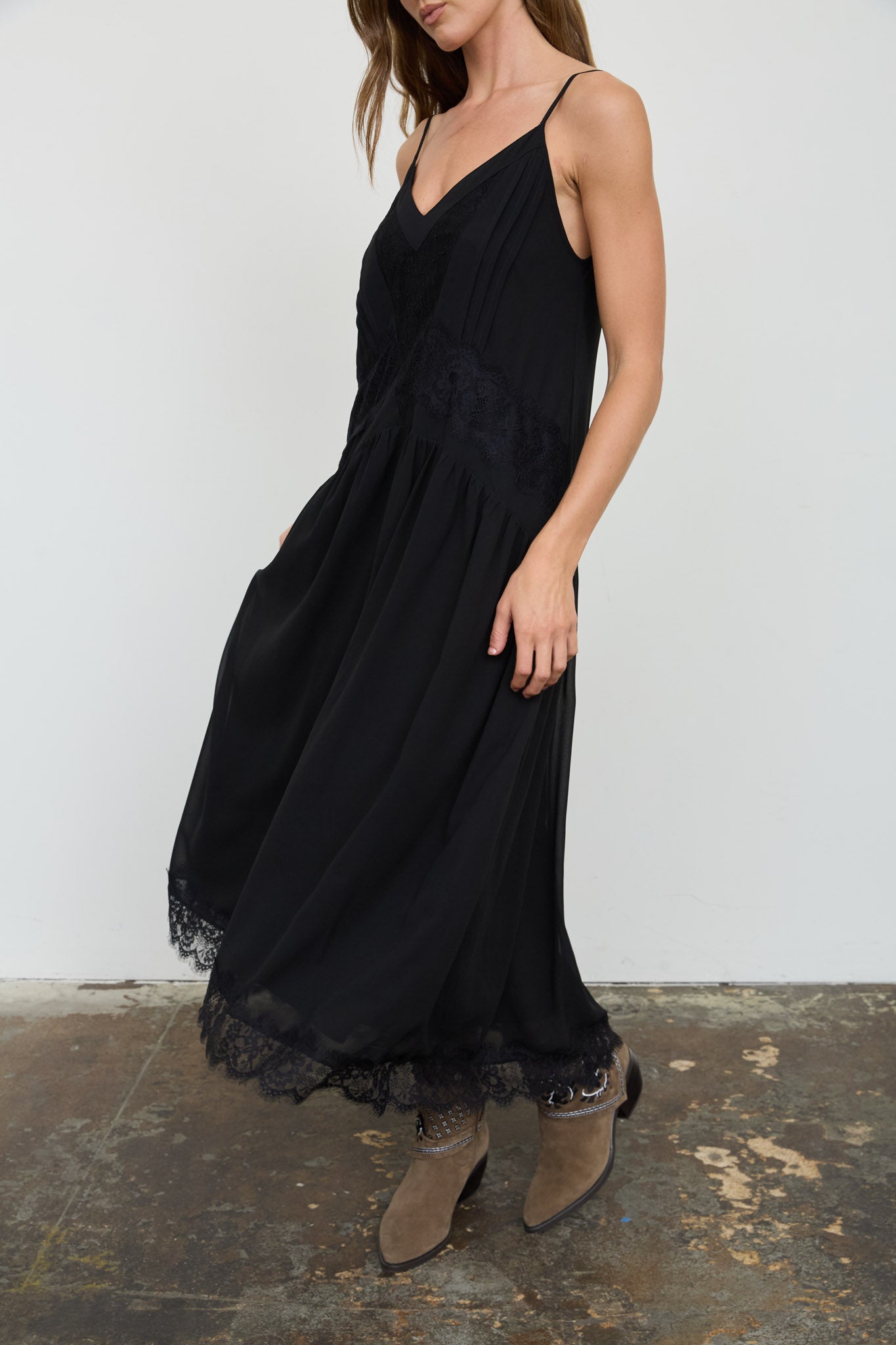 LACE TRIM DROP WAIST SPAGHETTI STRAP MIDI DRESS (PRE-ORDER)