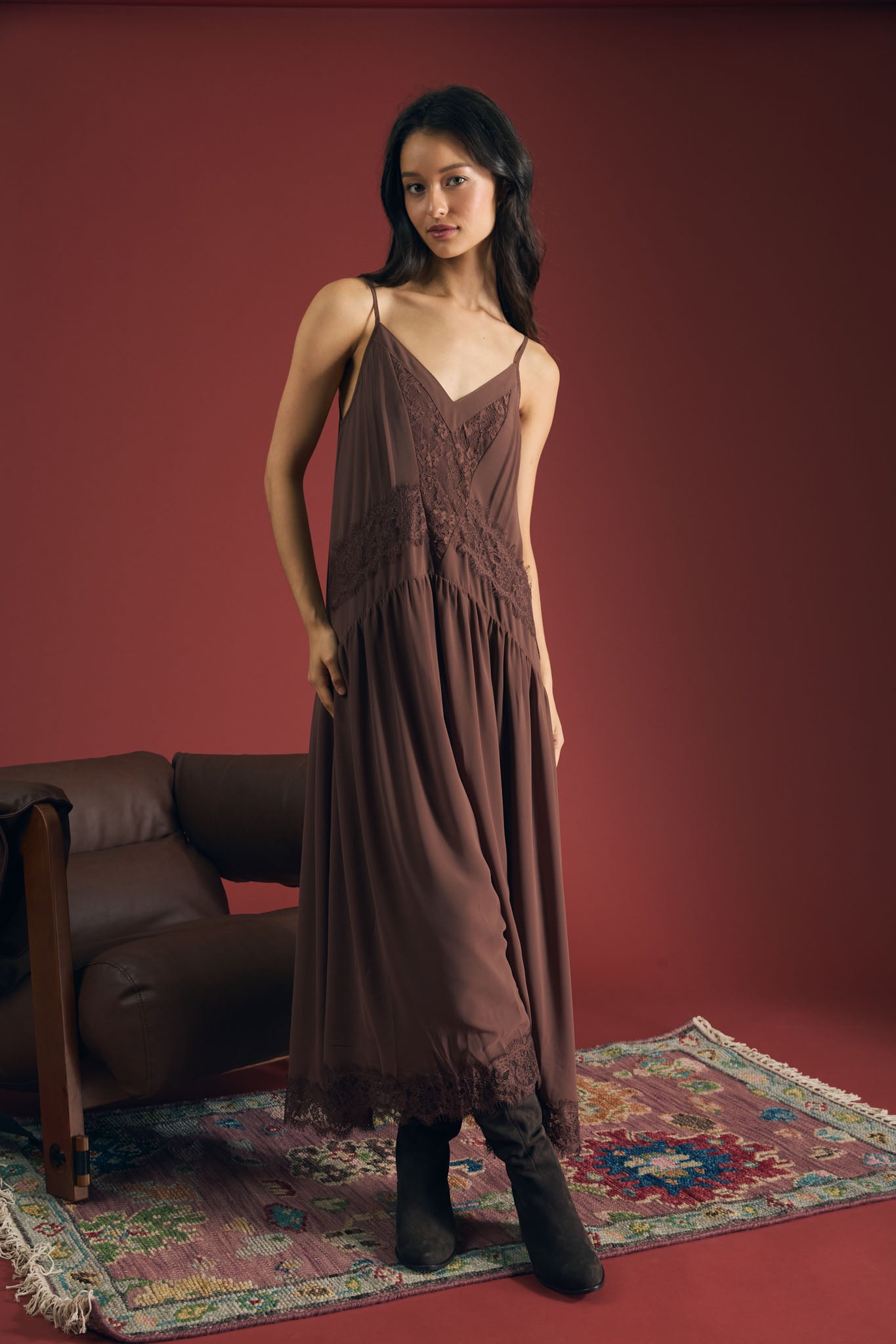 LACE TRIM DROP WAIST SPAGHETTI STRAP MIDI DRESS (PRE-ORDER)