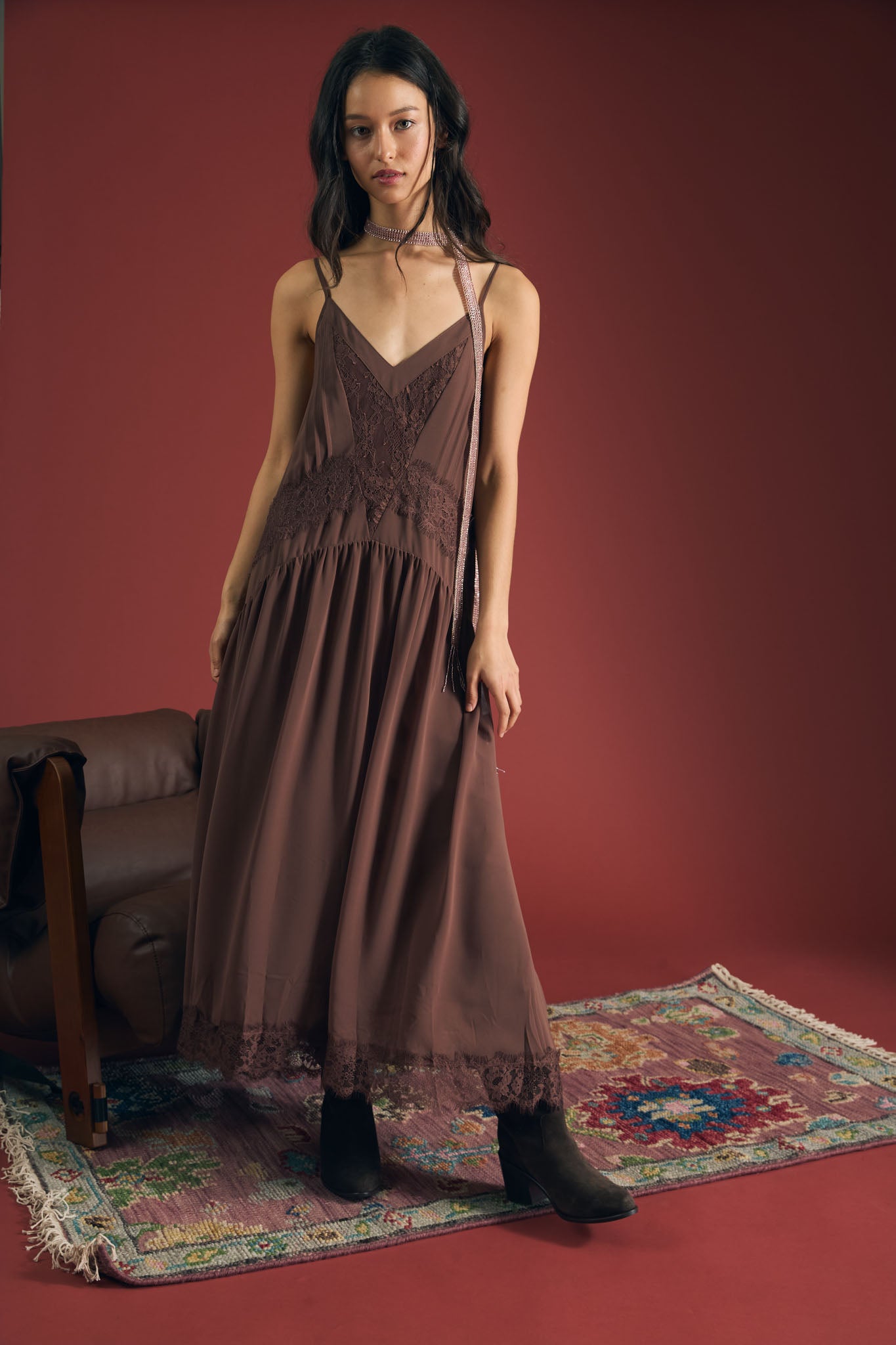LACE TRIM DROP WAIST SPAGHETTI STRAP MIDI DRESS (PRE-ORDER)
