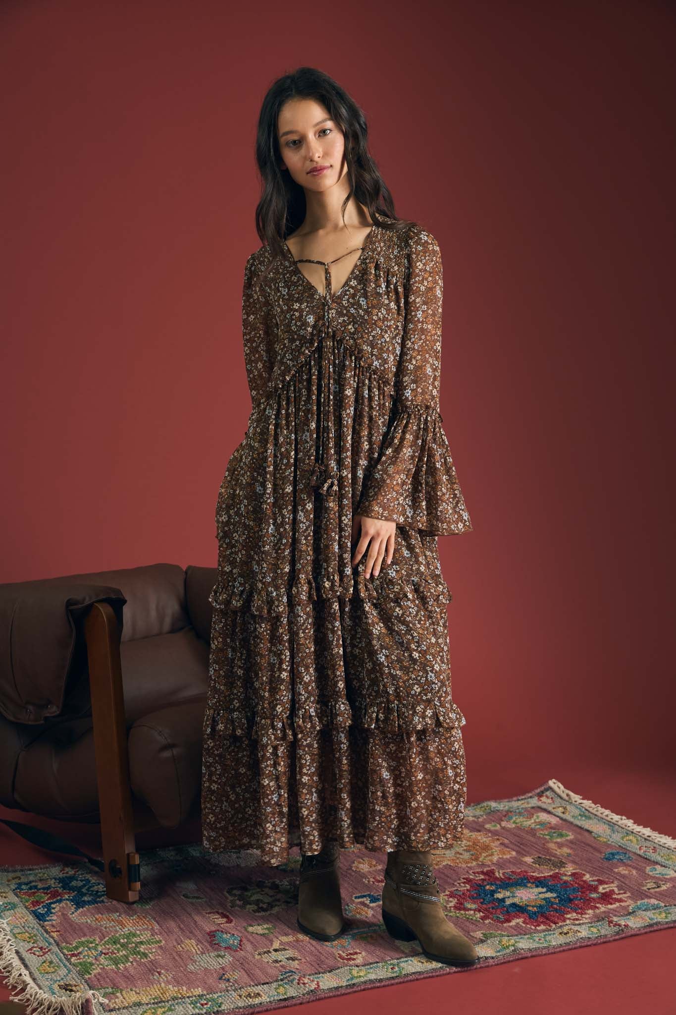 FLORAL ORGANZA V NECK LONG SLEEVE TUNIC MIDI DRESS (PRE-ORDER)
