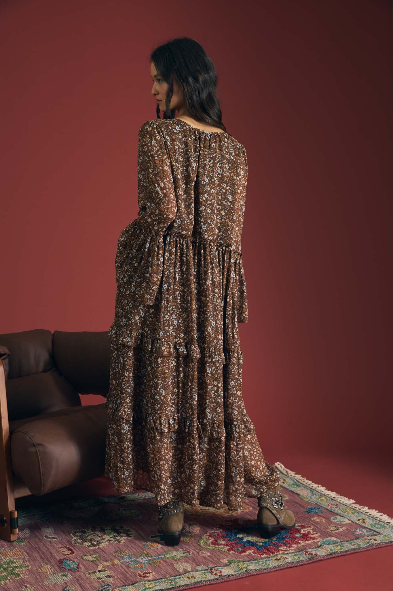 FLORAL ORGANZA V NECK LONG SLEEVE TUNIC MIDI DRESS (PRE-ORDER)
