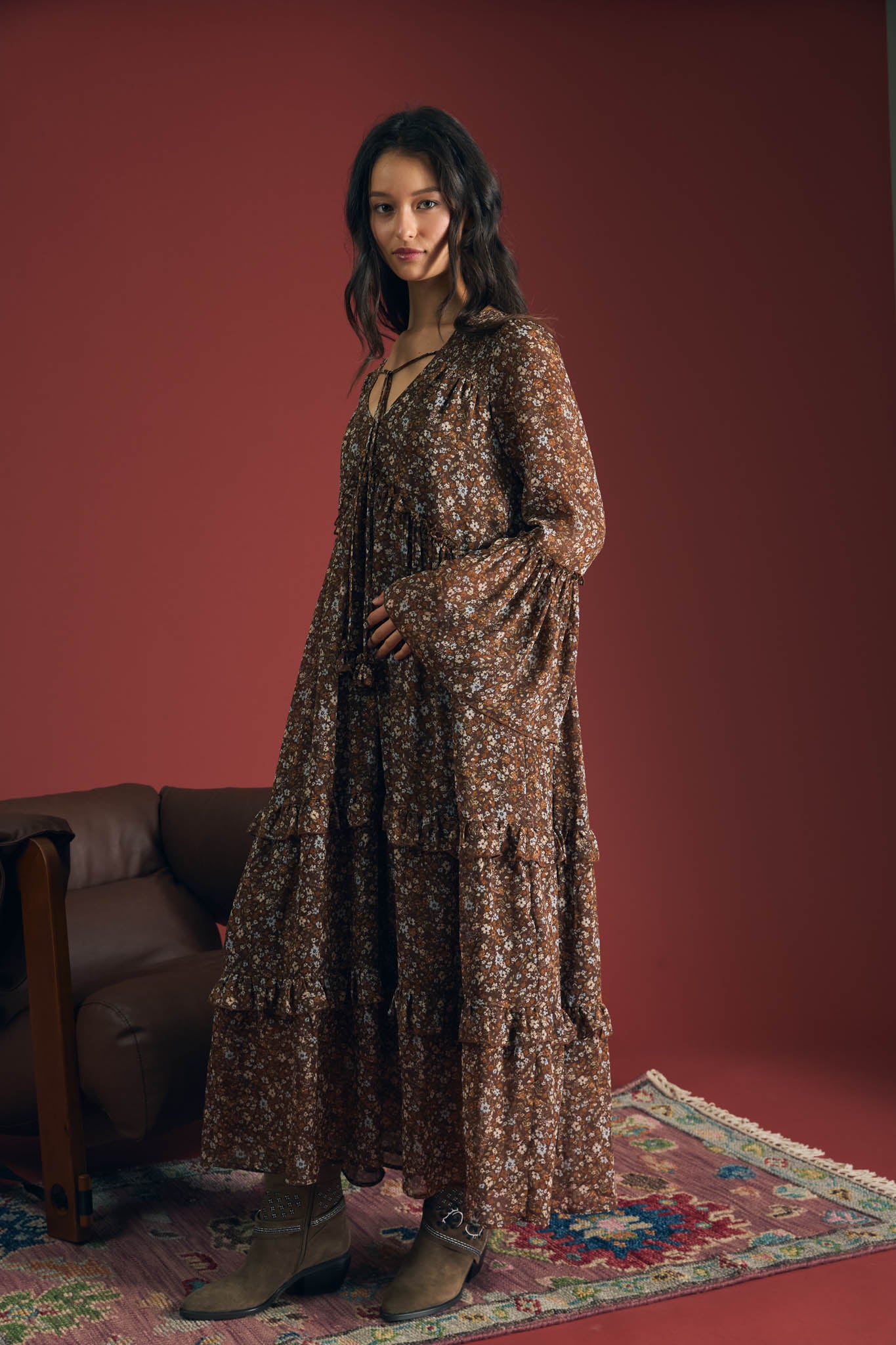 FLORAL ORGANZA V NECK LONG SLEEVE TUNIC MIDI DRESS (PRE-ORDER)