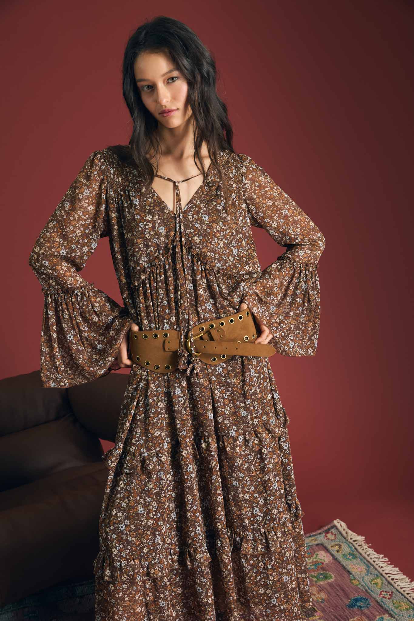FLORAL ORGANZA V NECK LONG SLEEVE TUNIC MIDI DRESS (PRE-ORDER)