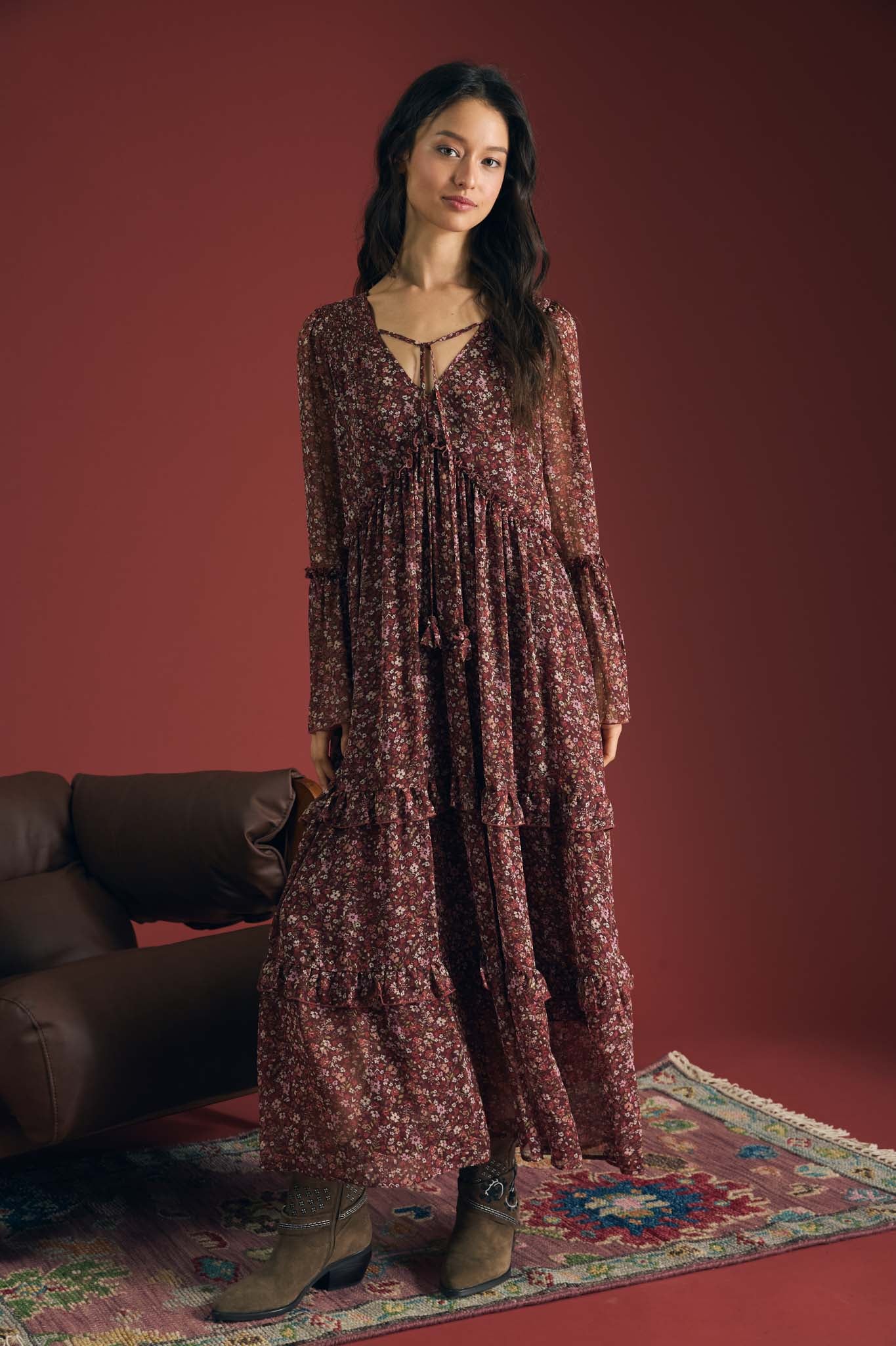 FLORAL ORGANZA V NECK LONG SLEEVE TUNIC MIDI DRESS (PRE-ORDER)