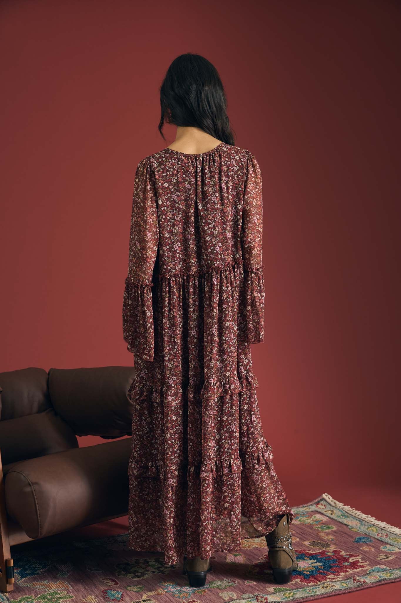 FLORAL ORGANZA V NECK LONG SLEEVE TUNIC MIDI DRESS (PRE-ORDER)