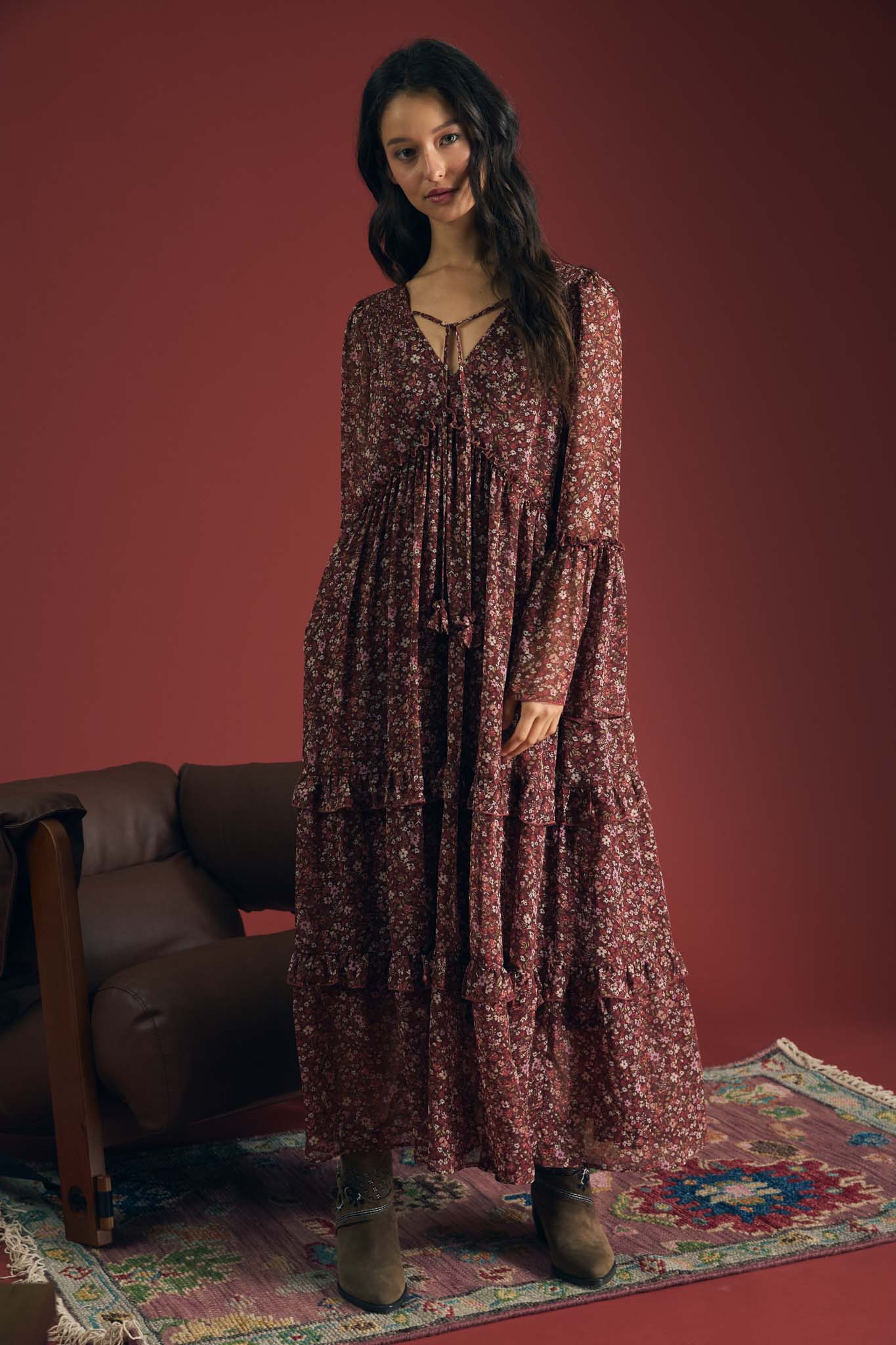 FLORAL ORGANZA V NECK LONG SLEEVE TUNIC MIDI DRESS (PRE-ORDER)