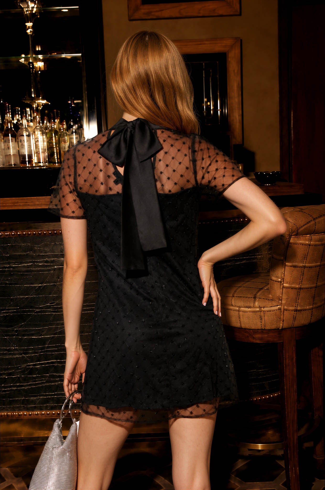 BEADED TULLE MESH SHORT SLEEVE BACK TIE MINI DRESS