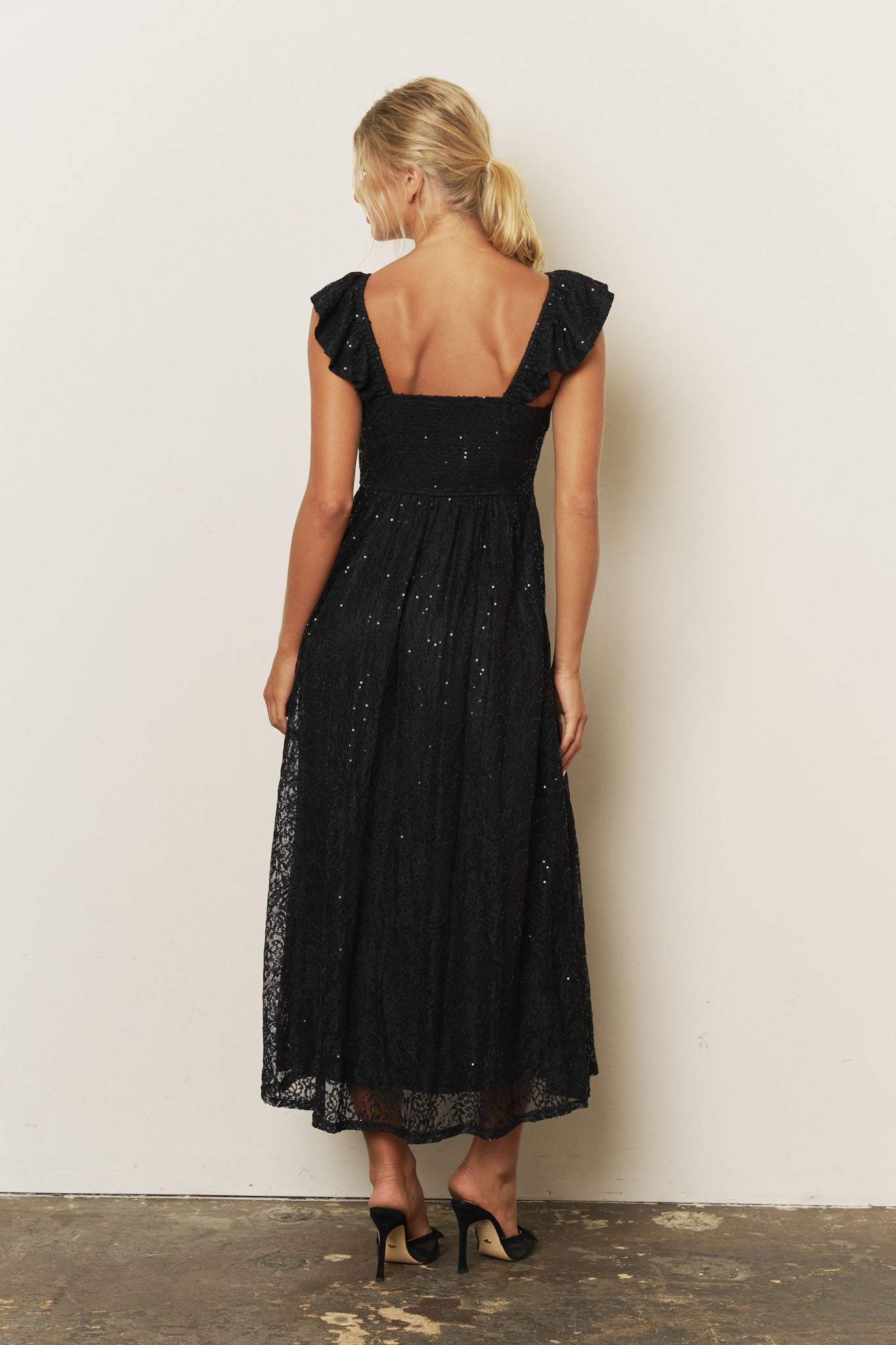SEQUIN SWEETHEART RUFFLE STRAP CORSET MIDI DRESS