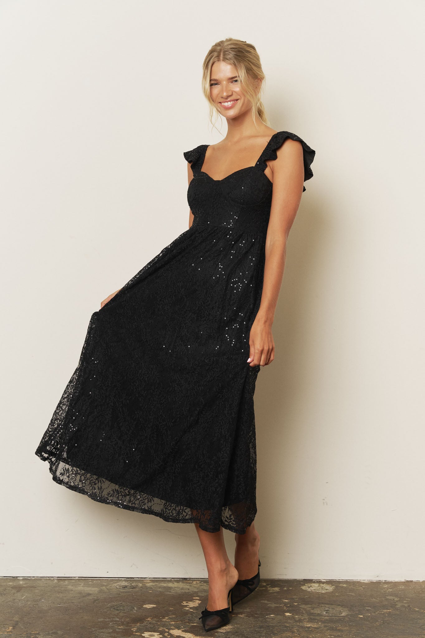 SEQUIN SWEETHEART RUFFLE STRAP CORSET MIDI DRESS
