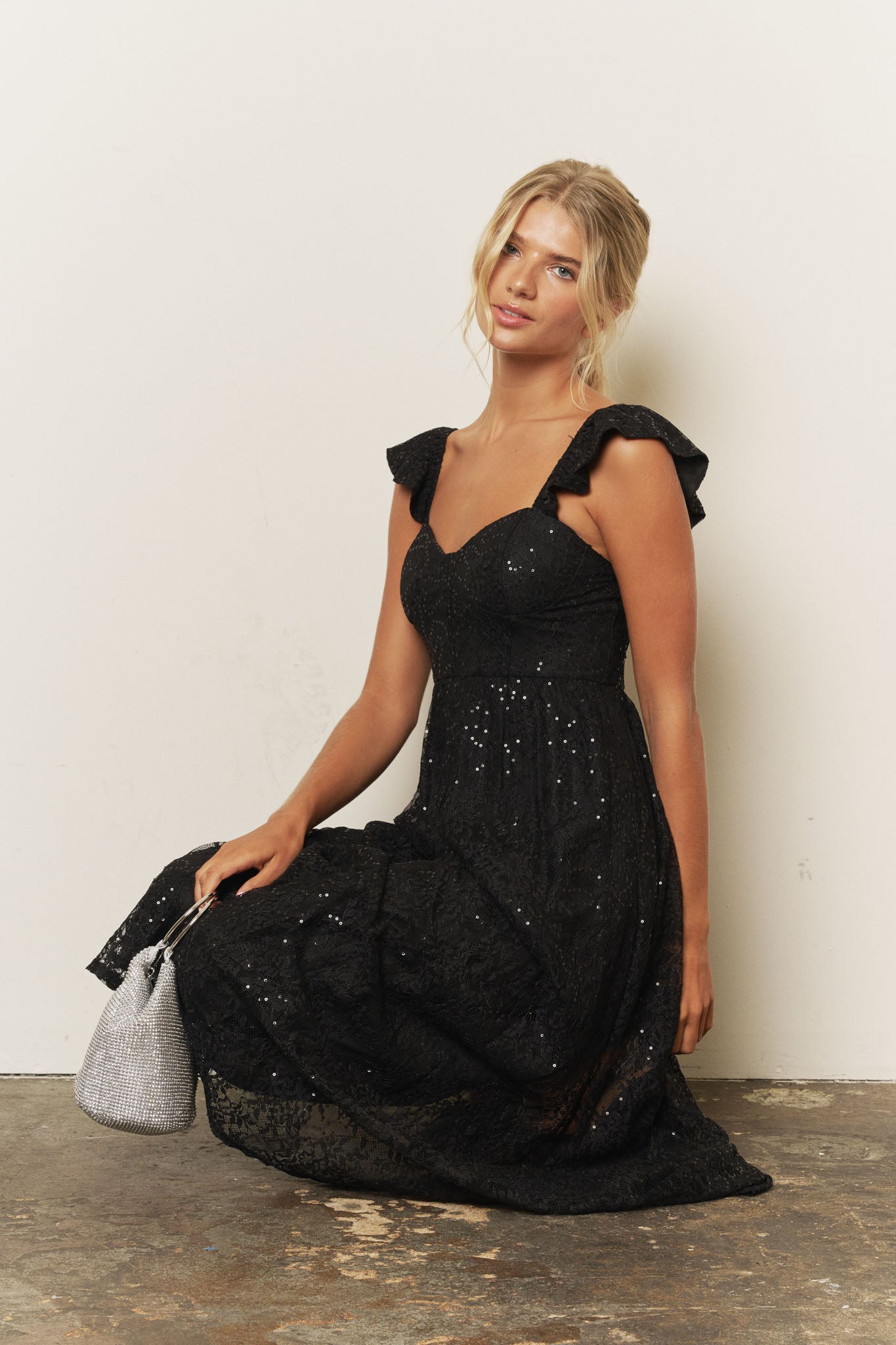 SEQUIN SWEETHEART RUFFLE STRAP CORSET MIDI DRESS