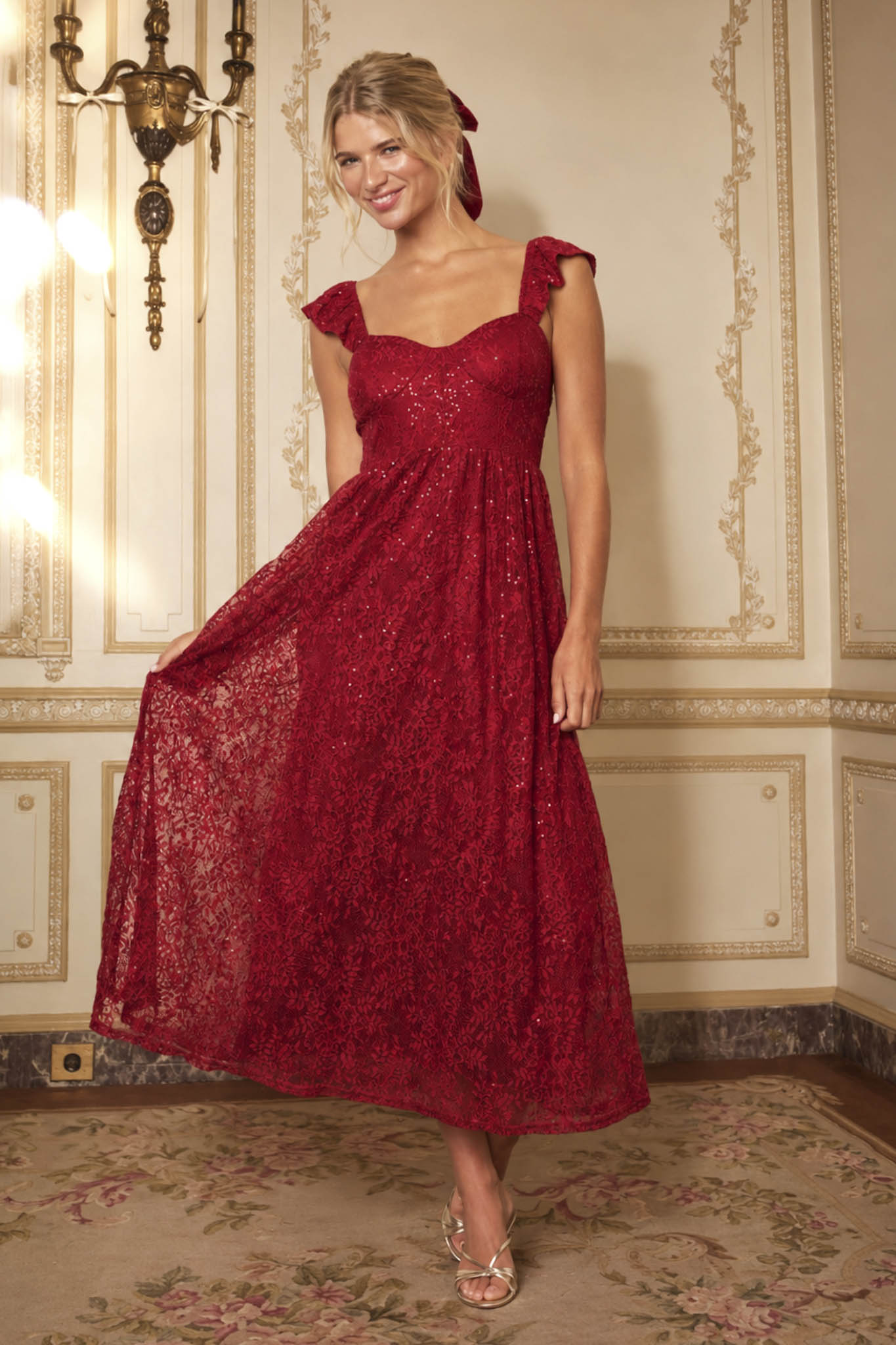 SEQUIN SWEETHEART RUFFLE STRAP CORSET MIDI DRESS