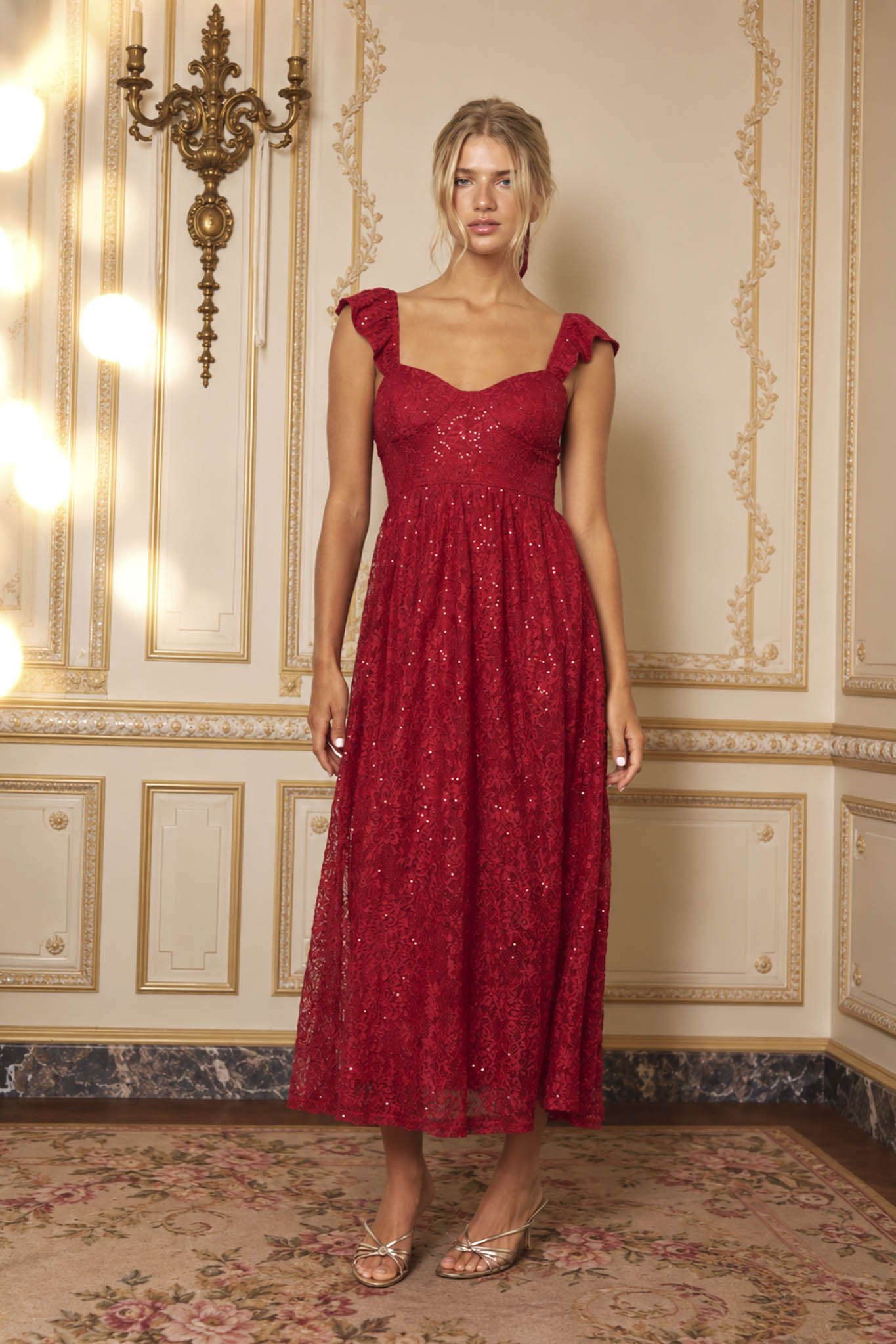 SEQUIN SWEETHEART RUFFLE STRAP CORSET MIDI DRESS