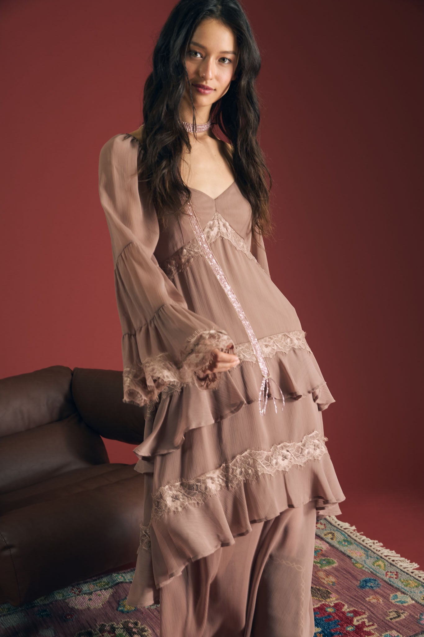 RUFFLE TIERED LACE TRIM LONG SLEEVE MIDI DRESS (PRE-ORDER)