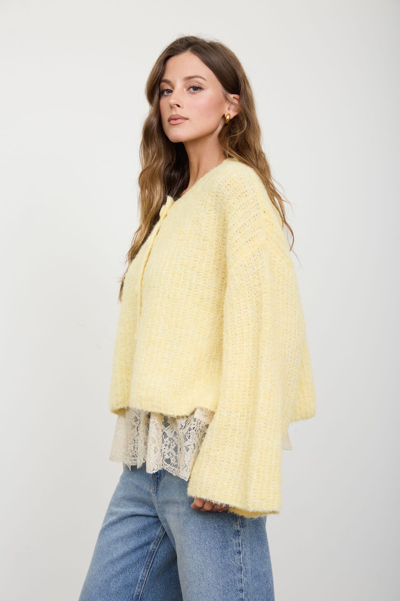 FUZZY KNIT BUTTON DOWN BOXY CARDIGAN SWEATER