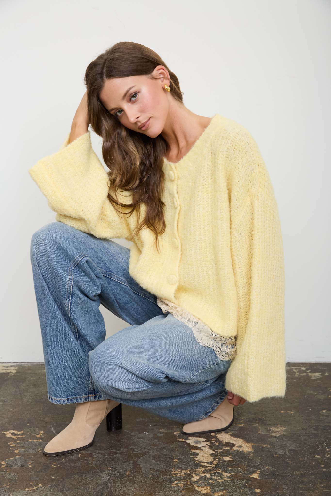FUZZY KNIT BUTTON DOWN BOXY CARDIGAN SWEATER