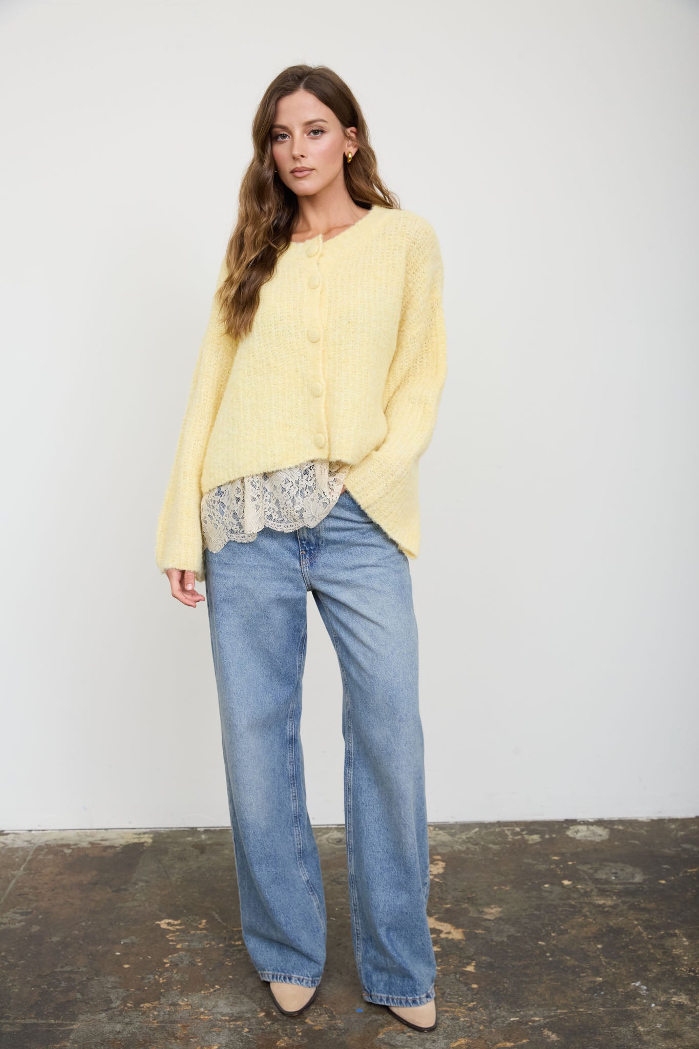 FUZZY KNIT BUTTON DOWN BOXY CARDIGAN SWEATER