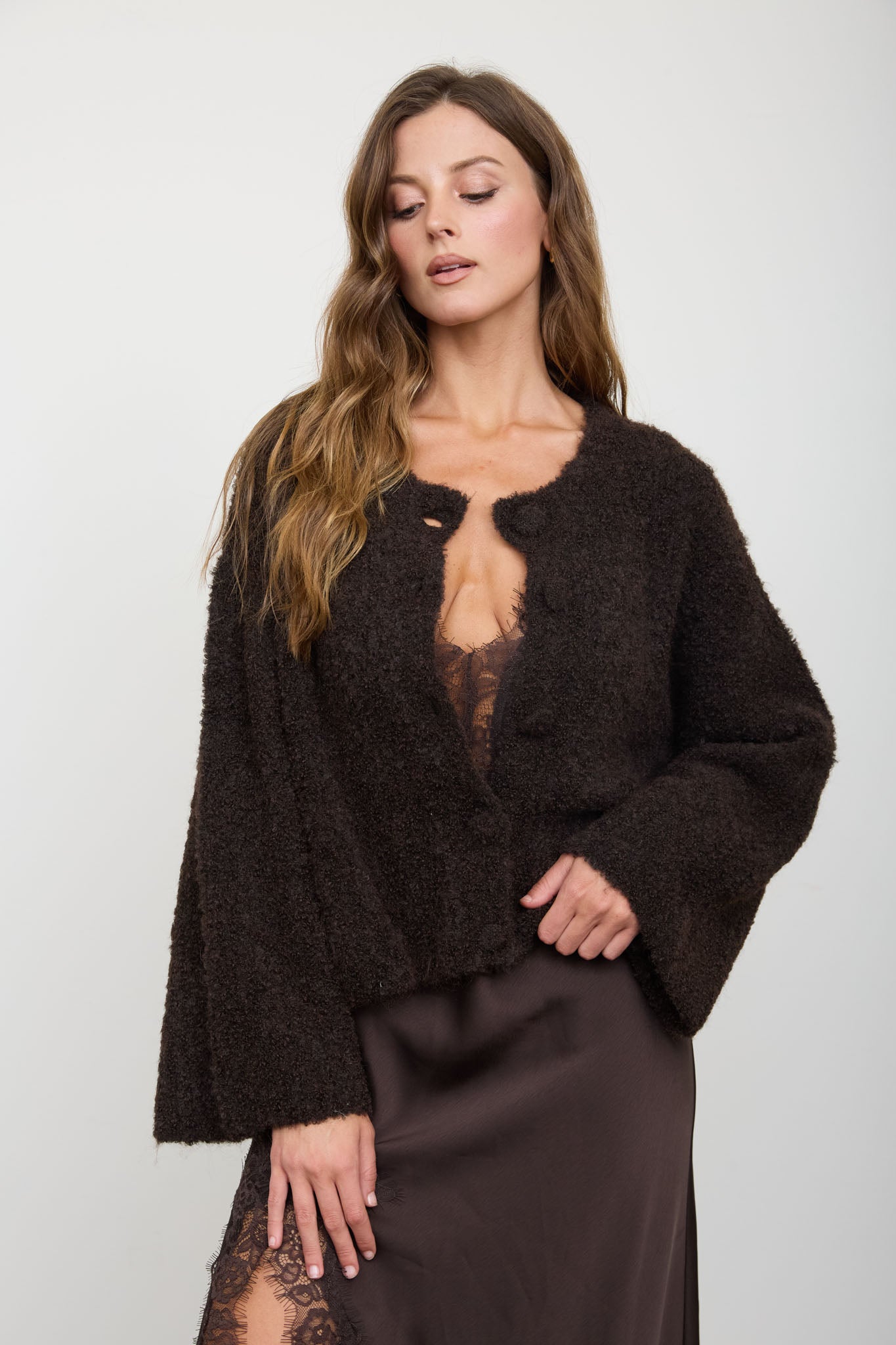 FUZZY KNIT BUTTON DOWN BOXY CARDIGAN SWEATER