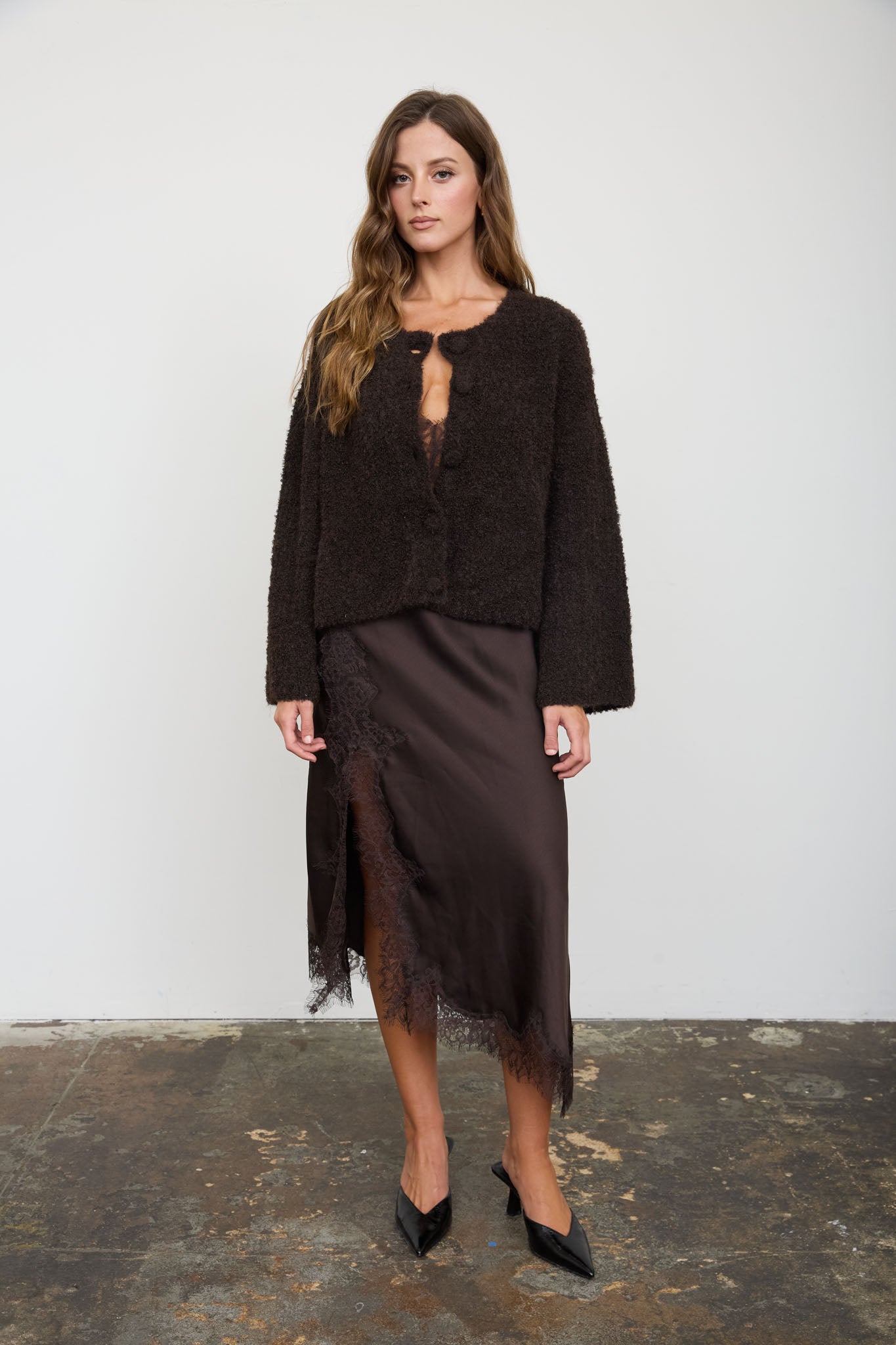 FUZZY KNIT BUTTON DOWN BOXY CARDIGAN SWEATER