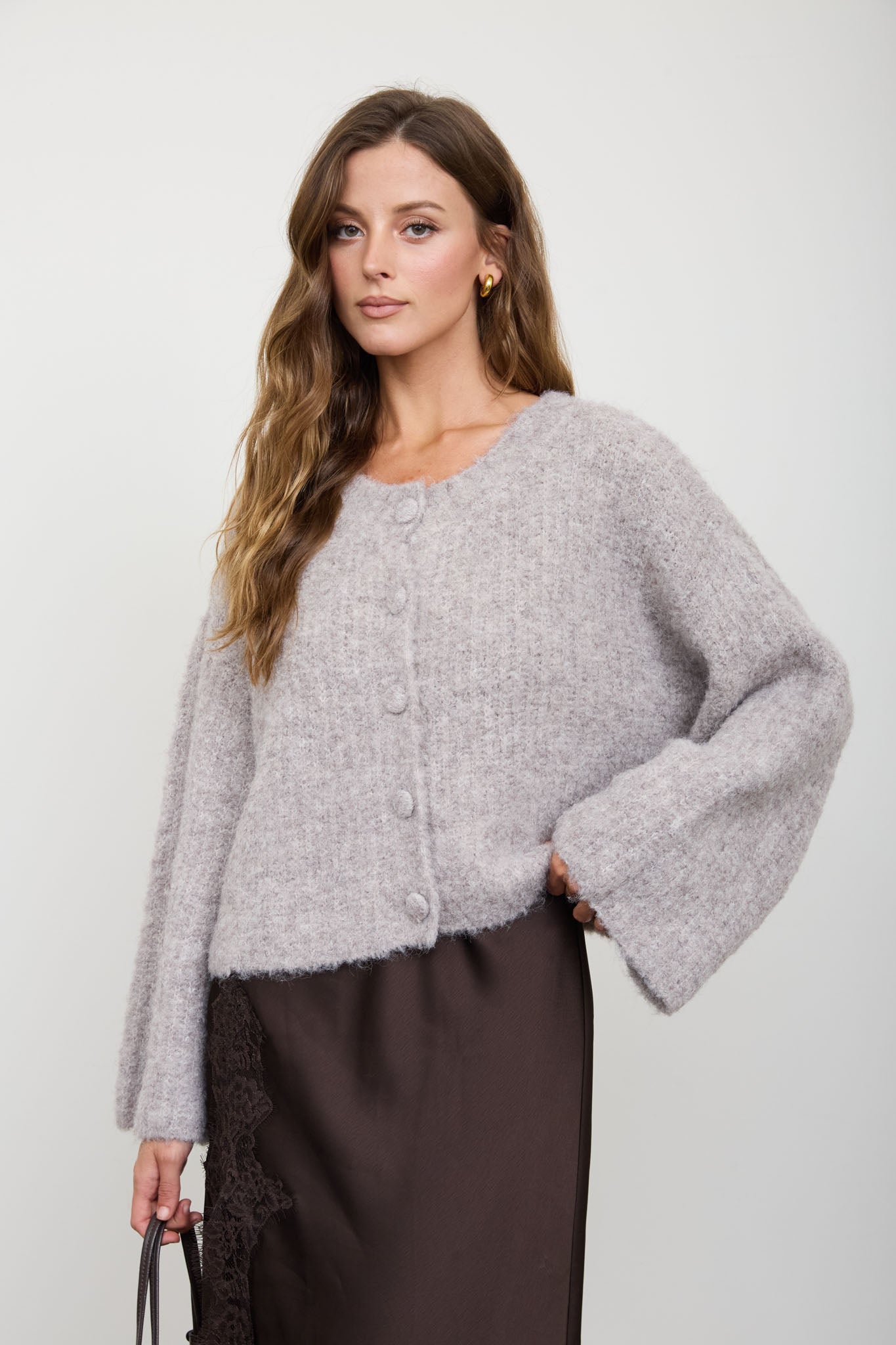 FUZZY KNIT BUTTON DOWN BOXY CARDIGAN SWEATER