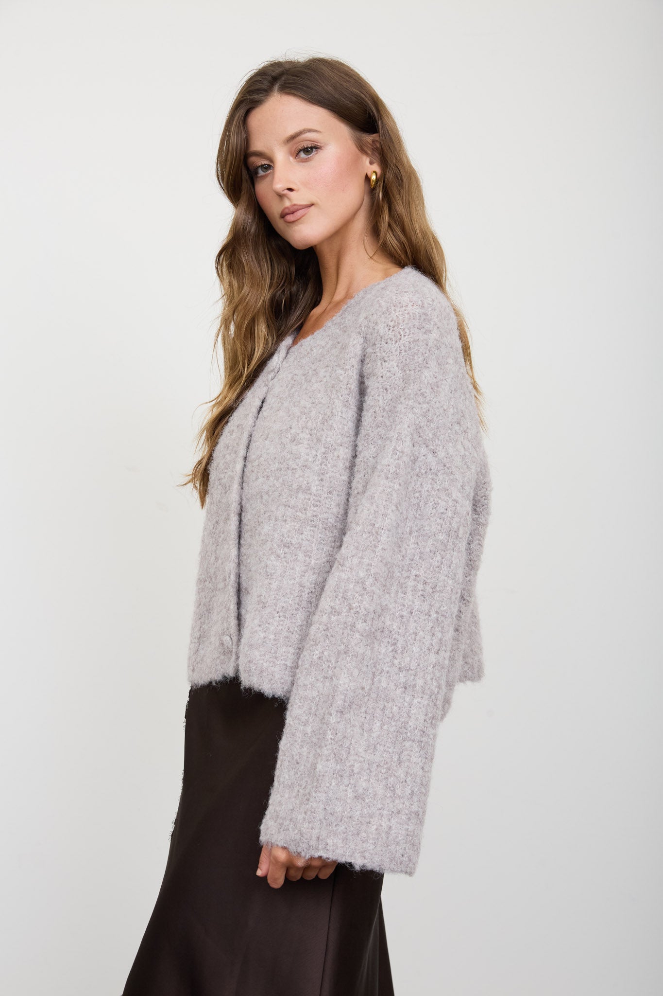 FUZZY KNIT BUTTON DOWN BOXY CARDIGAN SWEATER