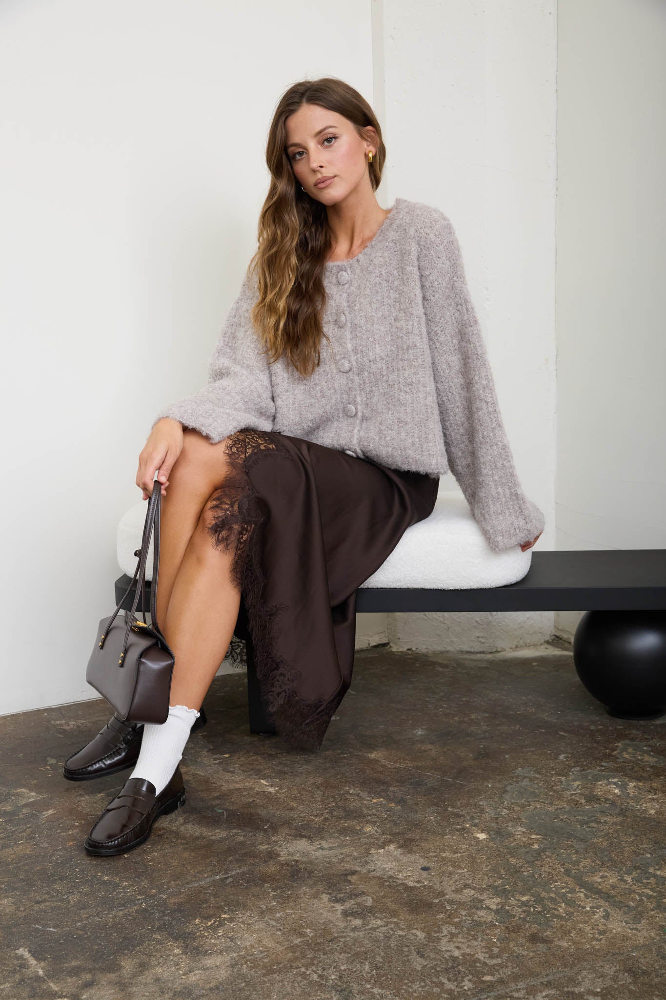 FUZZY KNIT BUTTON DOWN BOXY CARDIGAN SWEATER