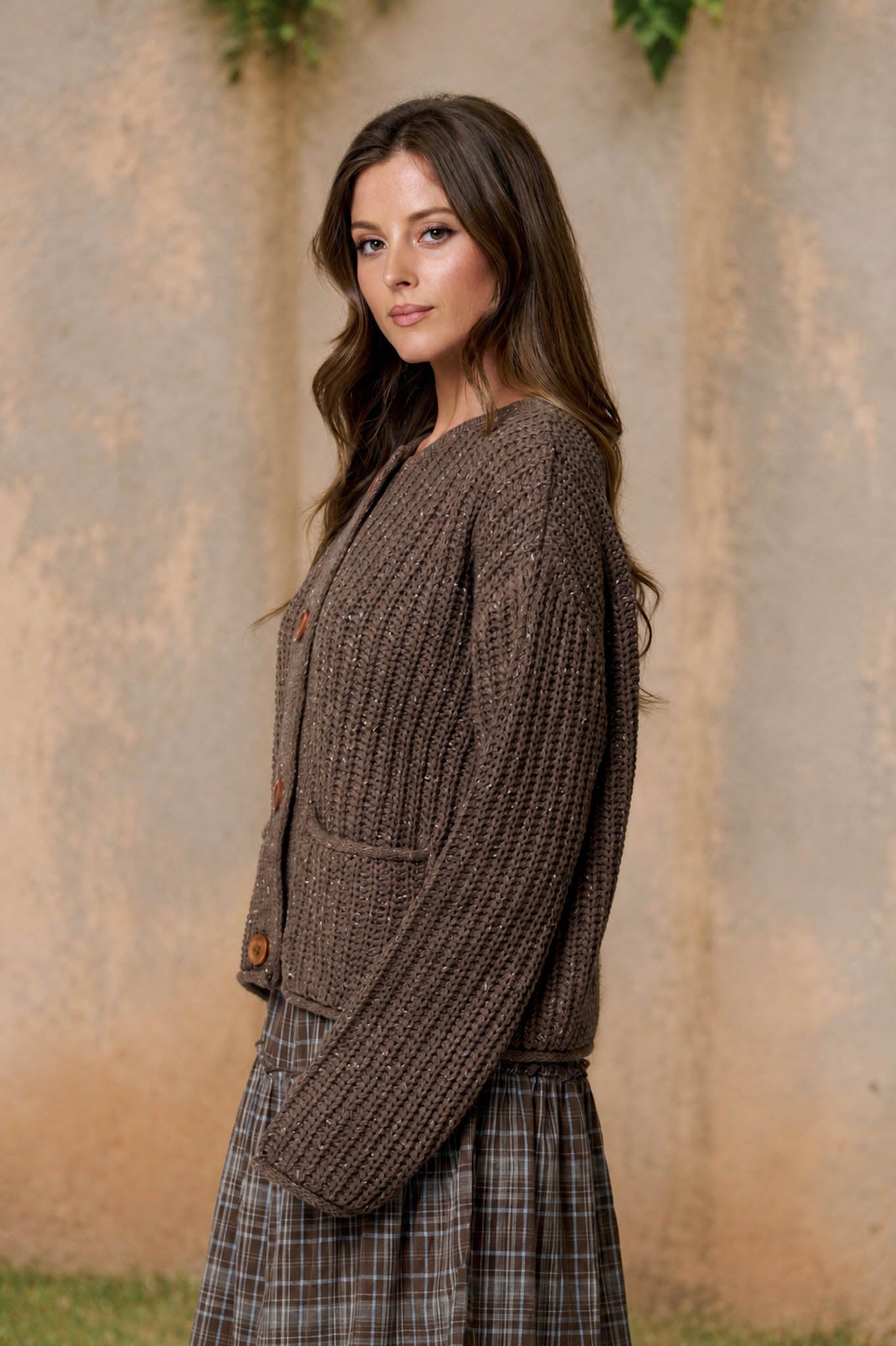 MARLED BUTTON DOWN  RAW EDGE CHUNKY KNIT CARDIGAN