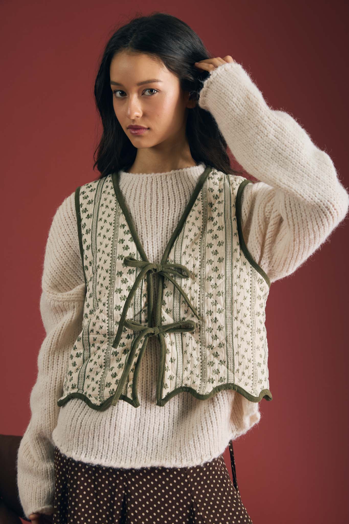 STRIPE FLORAL FRONT TIE QUILTED VEST