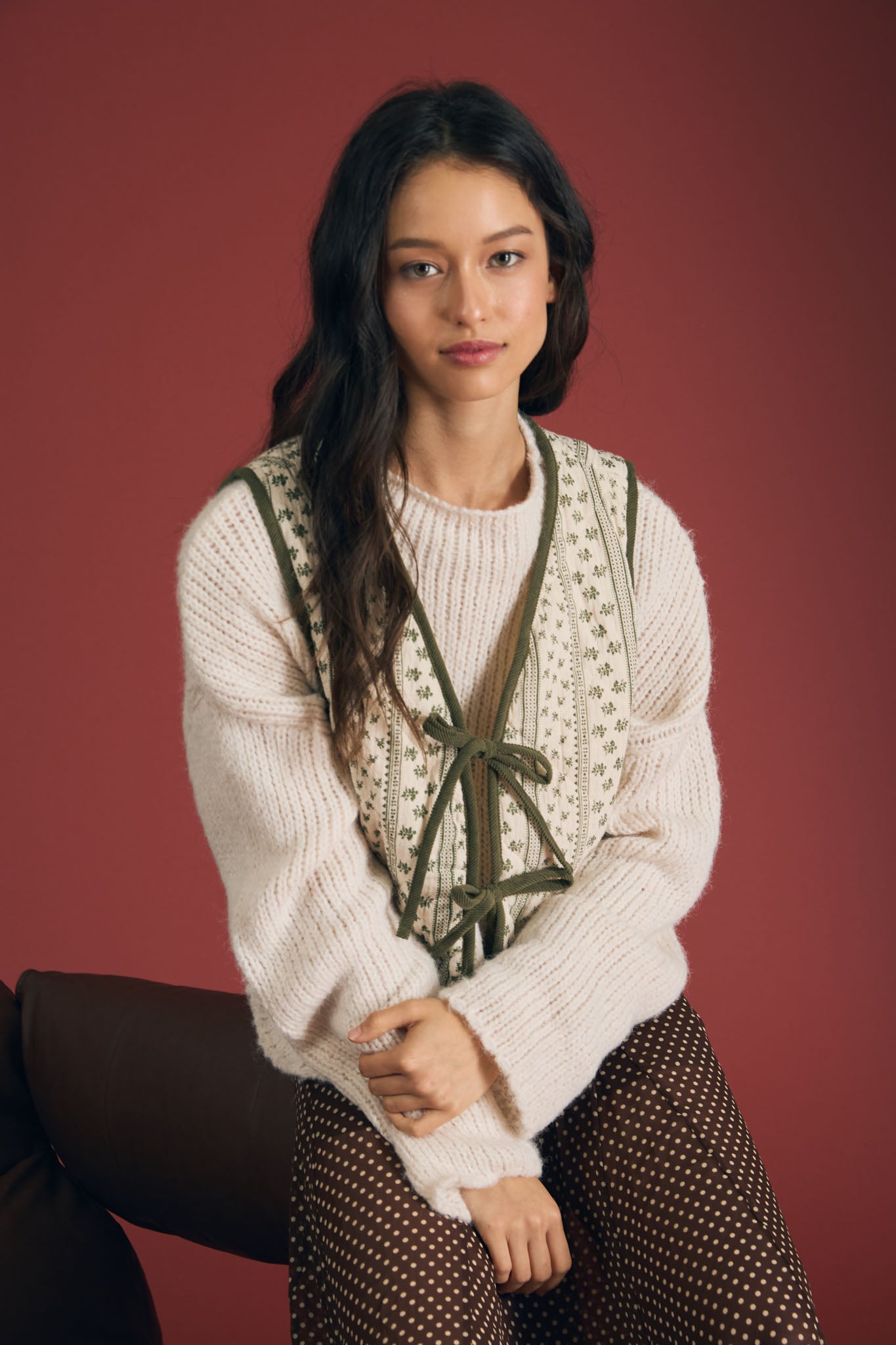 STRIPE FLORAL FRONT TIE QUILTED VEST