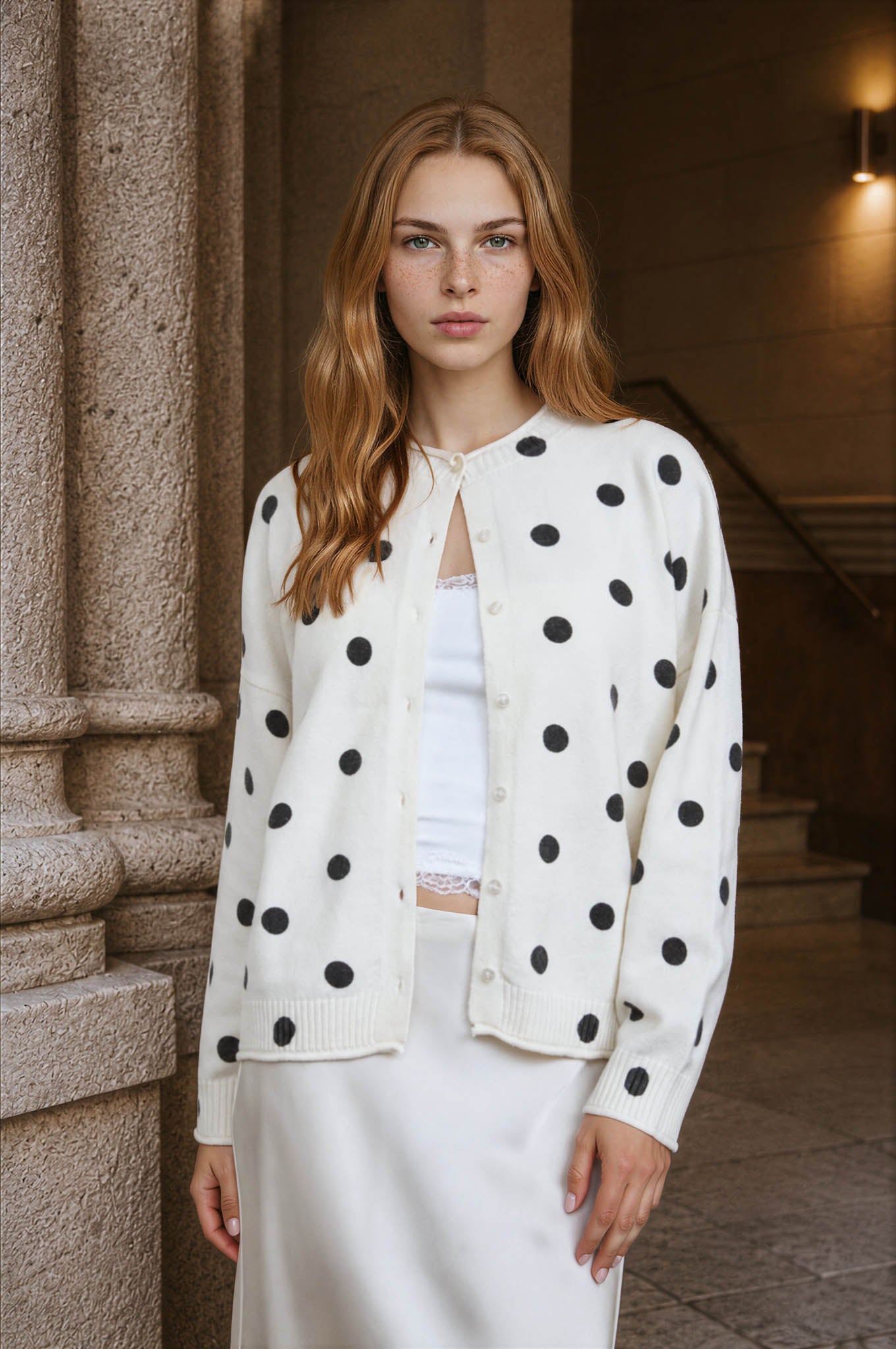 POLKA DOT RAW EDGE WIDE SLEEVE KNIT CARDIGAN (PRE-ORDER)