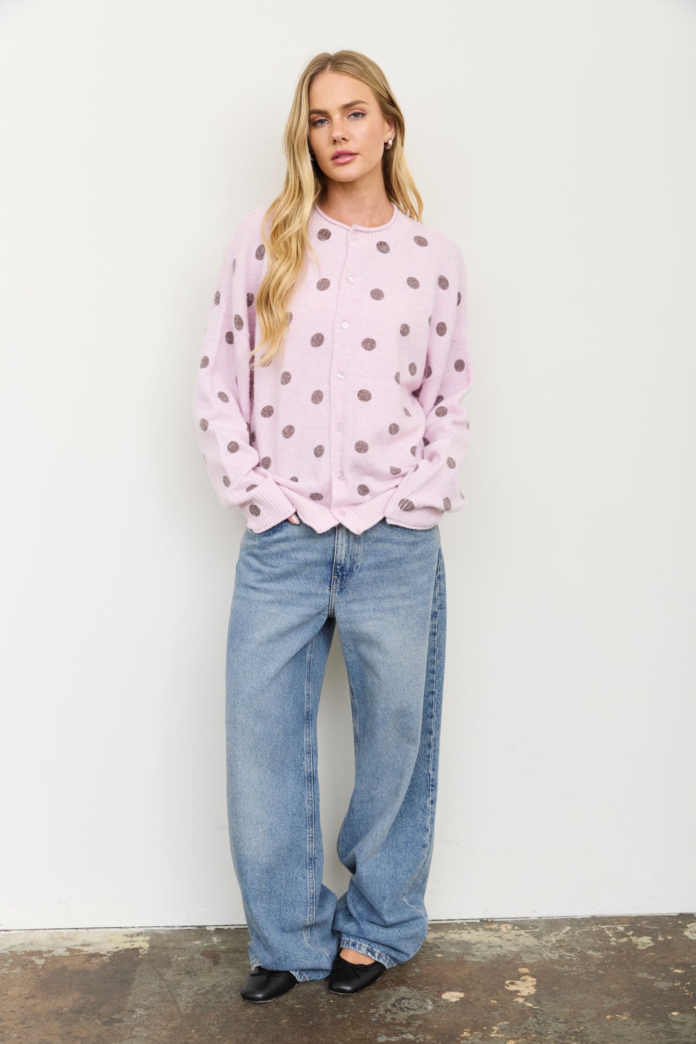 POLKA DOT RAW EDGE WIDE SLEEVE KNIT CARDIGAN (PRE-ORDER)