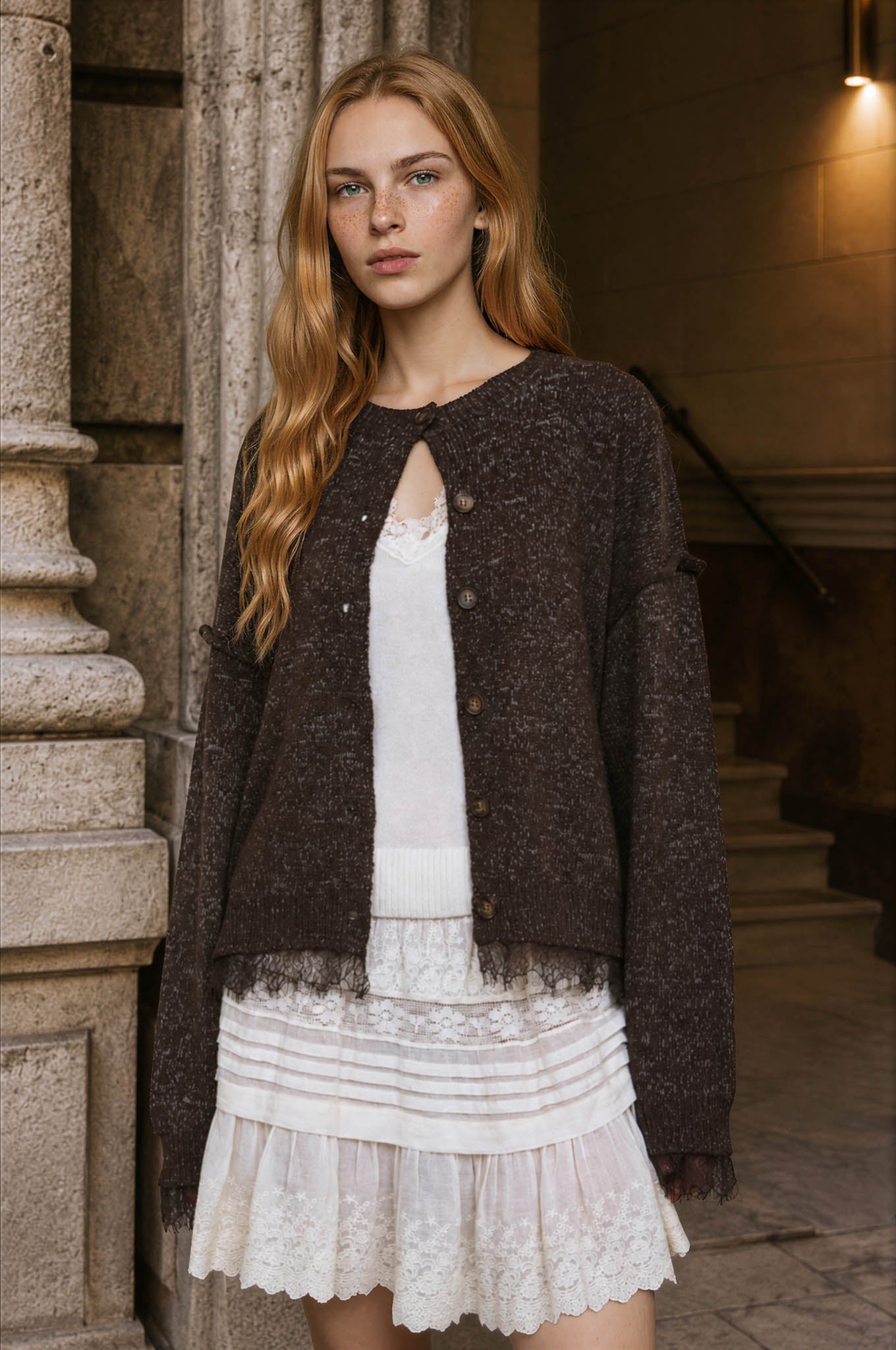 LACE TRIM EXPOSED SEAM BUTTON DOWN KNIT CARDIGAN (PRE-ORDER)