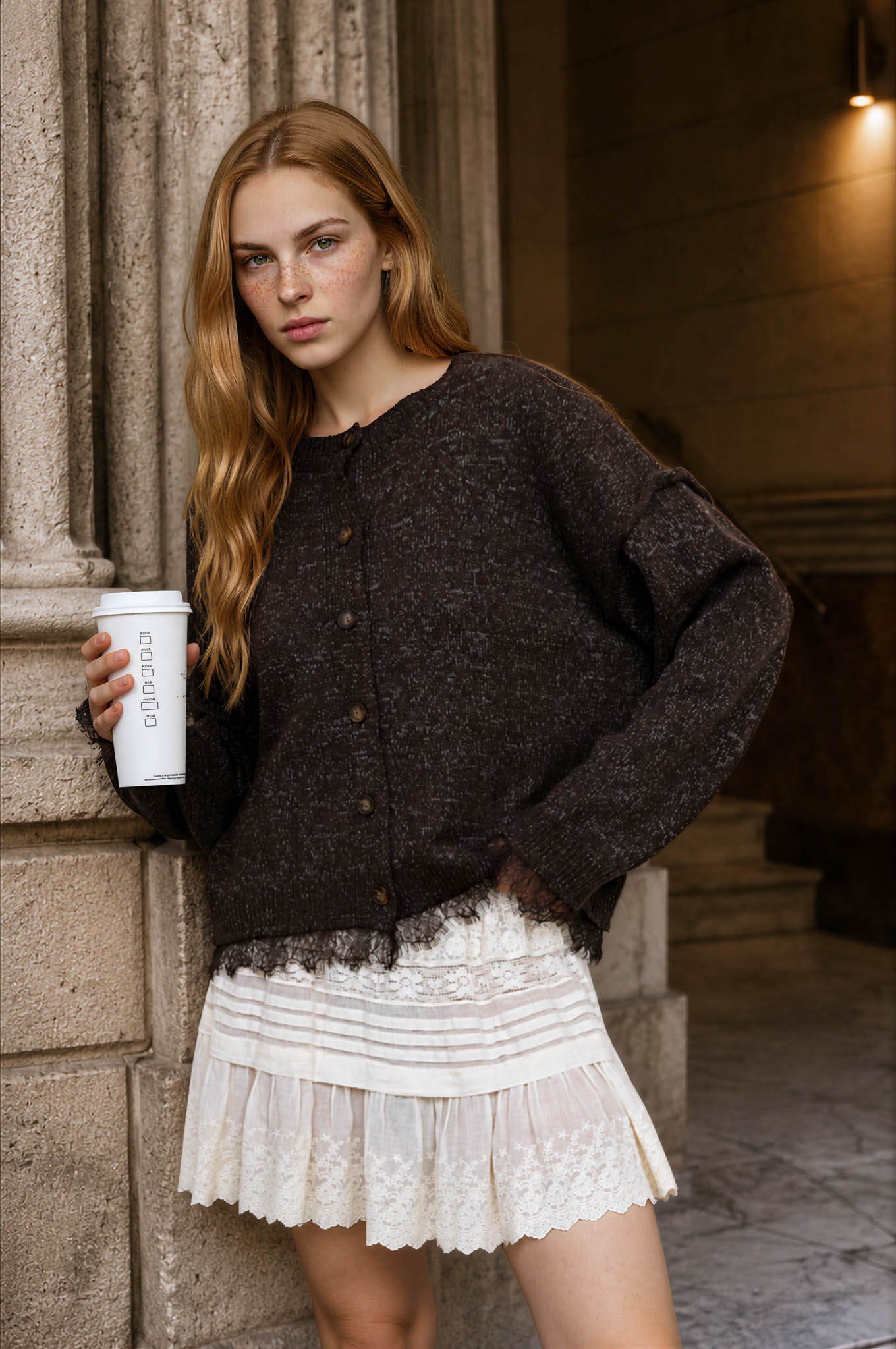 LACE TRIM EXPOSED SEAM BUTTON DOWN KNIT CARDIGAN (PRE-ORDER)