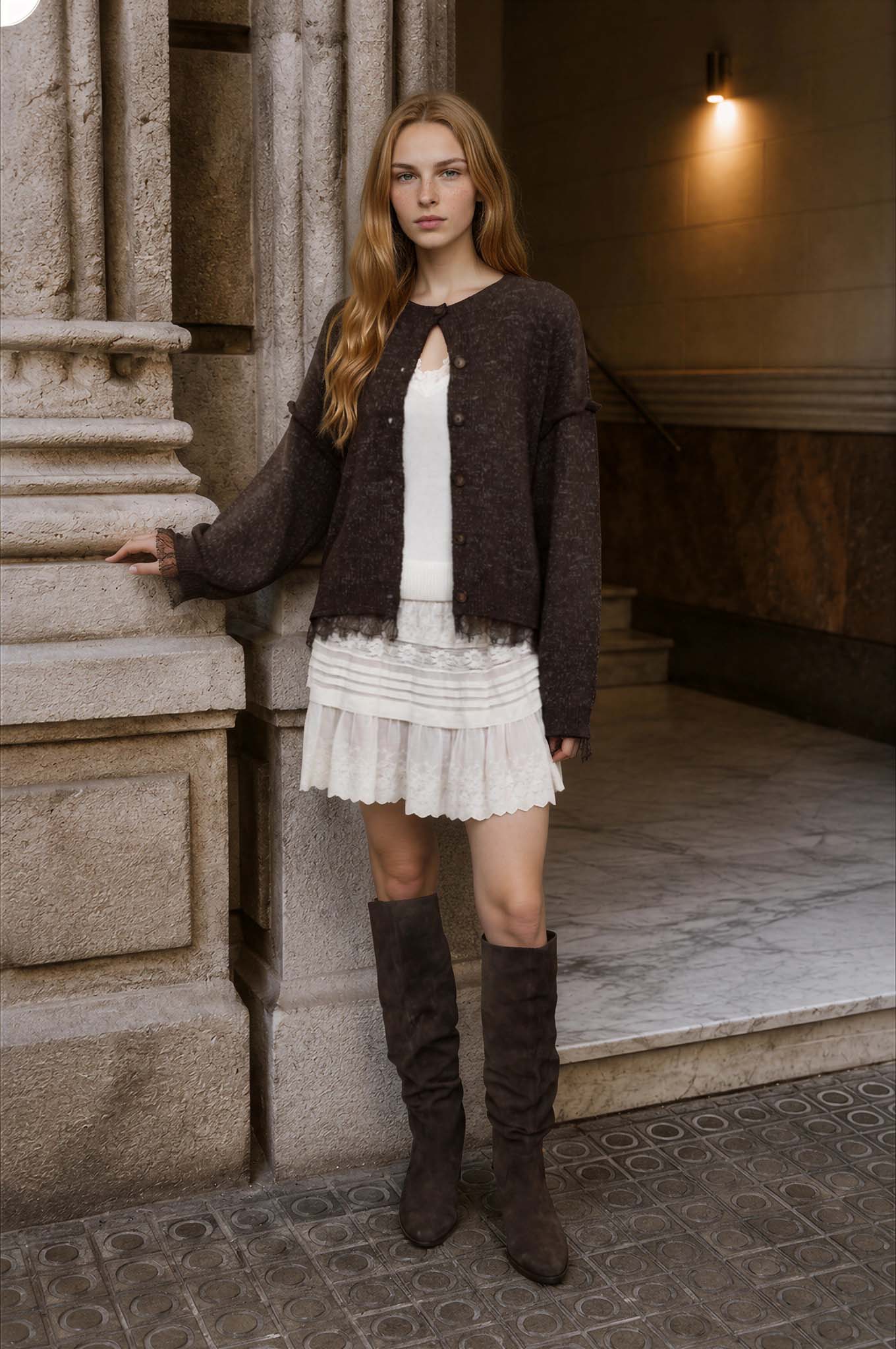 LACE TRIM EXPOSED SEAM BUTTON DOWN KNIT CARDIGAN (PRE-ORDER)