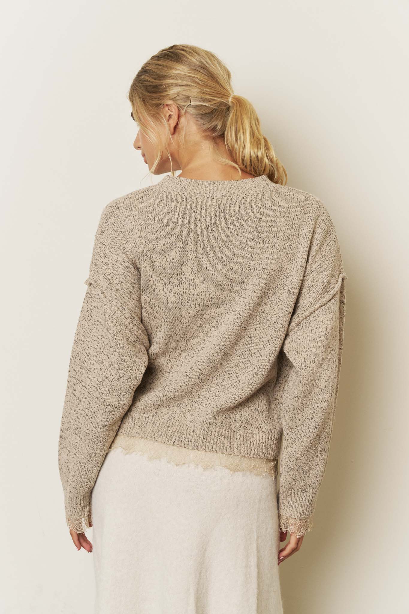 LACE TRIM EXPOSED SEAM BUTTON DOWN KNIT CARDIGAN (PRE-ORDER)