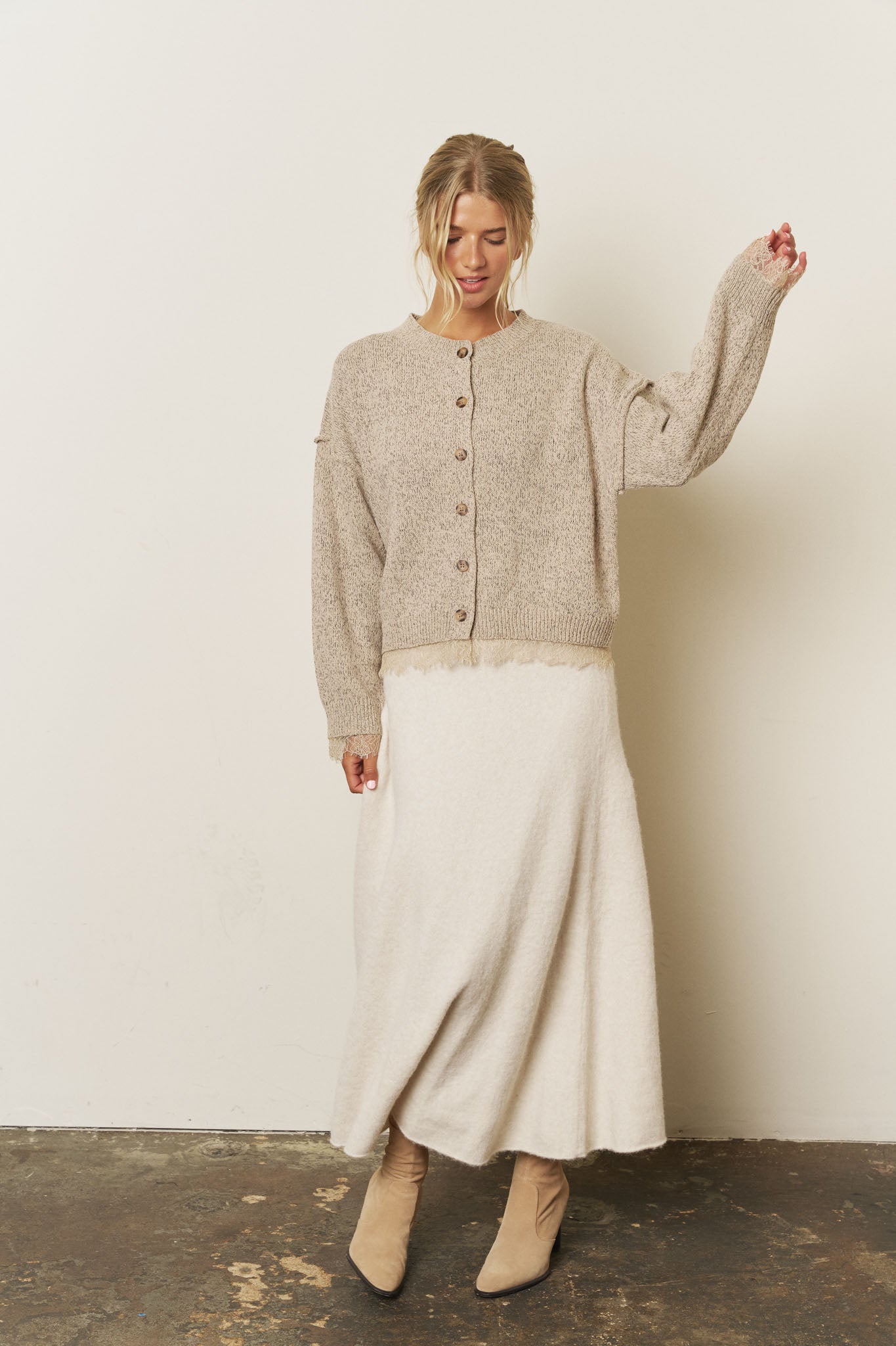 LACE TRIM EXPOSED SEAM BUTTON DOWN KNIT CARDIGAN (PRE-ORDER)