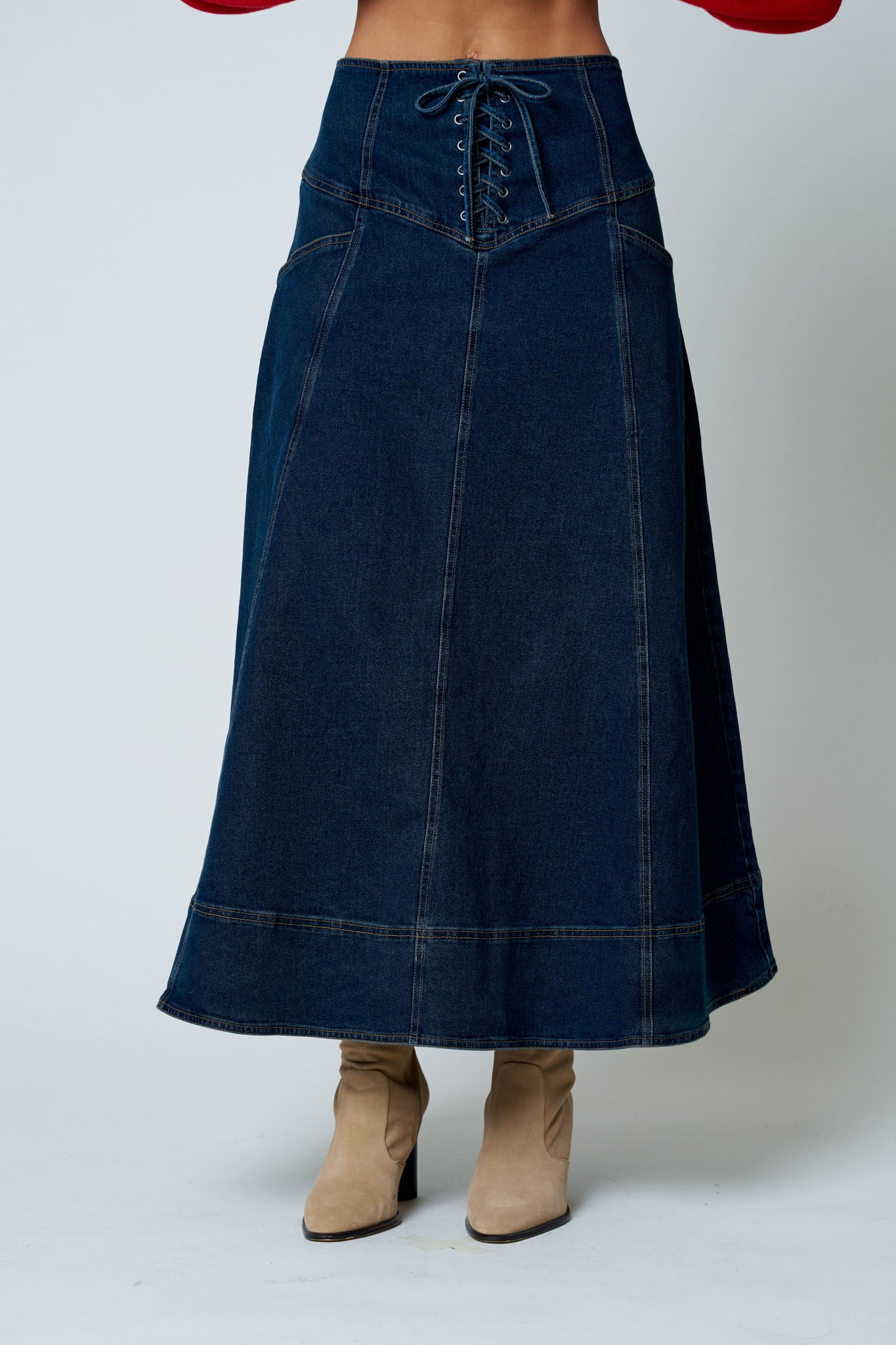 LACE-UP CORSET WAIST DENIM MIDI SKIRT
