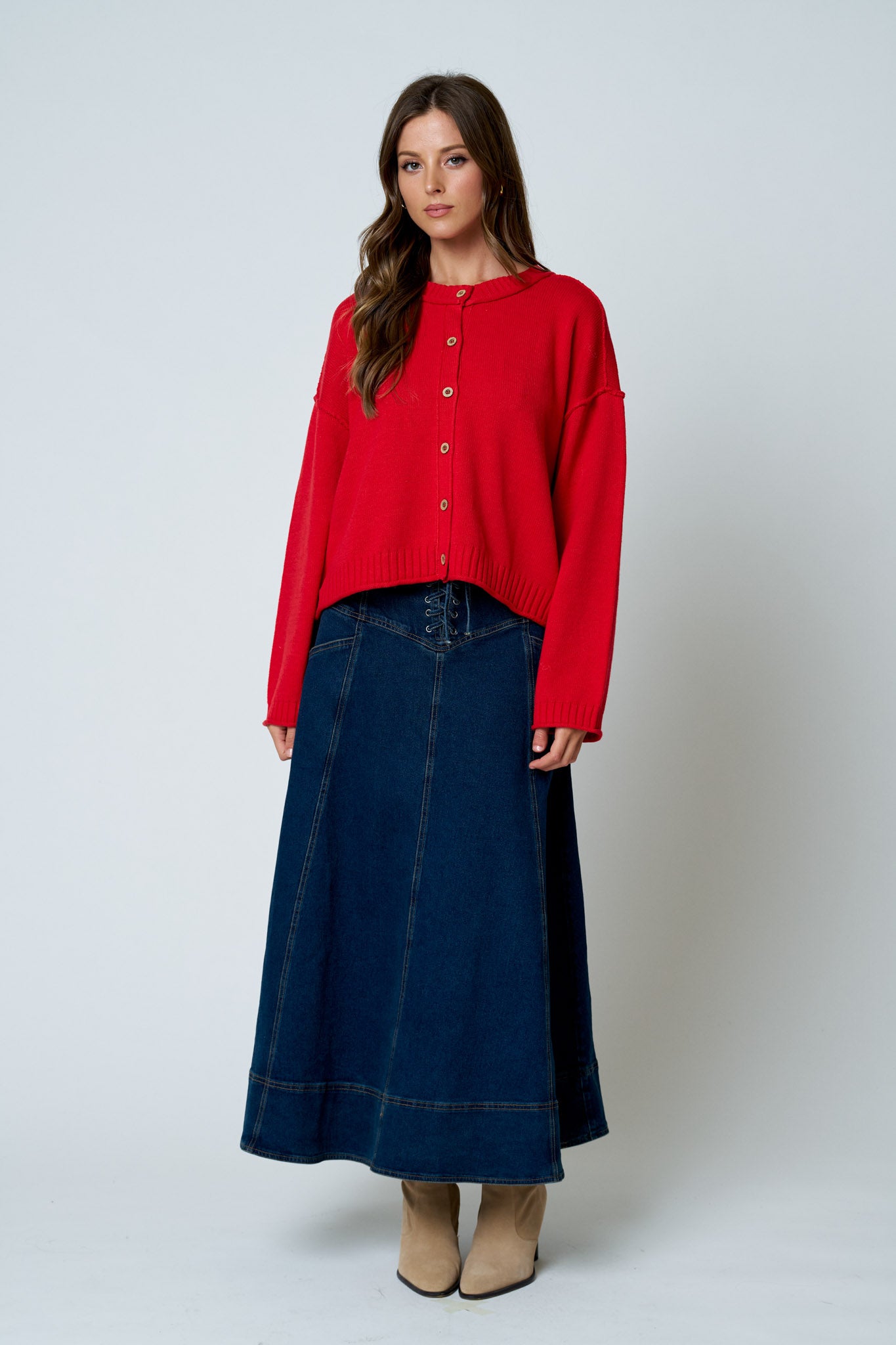 LACE-UP CORSET WAIST DENIM MIDI SKIRT