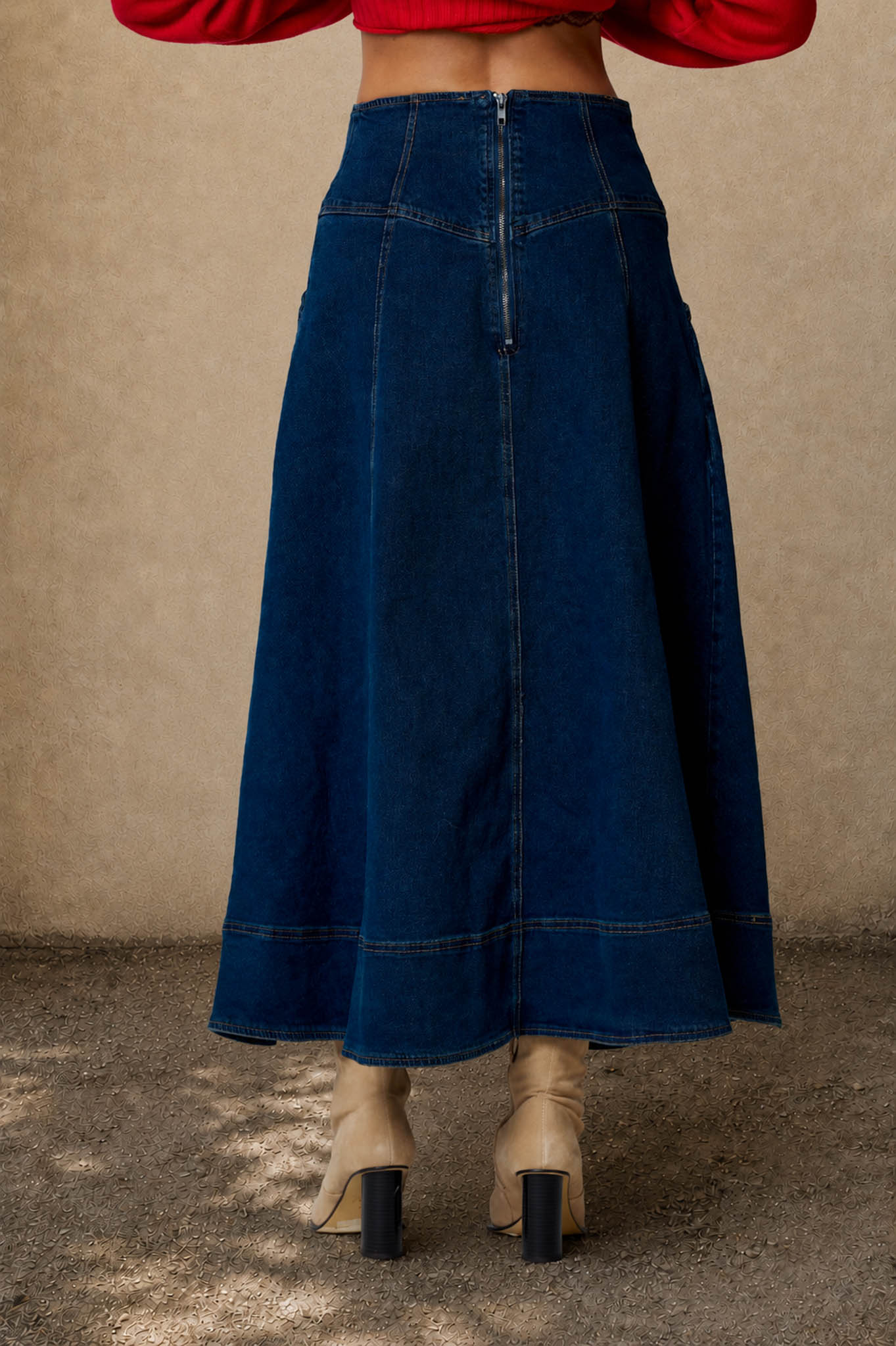 LACE-UP CORSET WAIST DENIM MIDI SKIRT