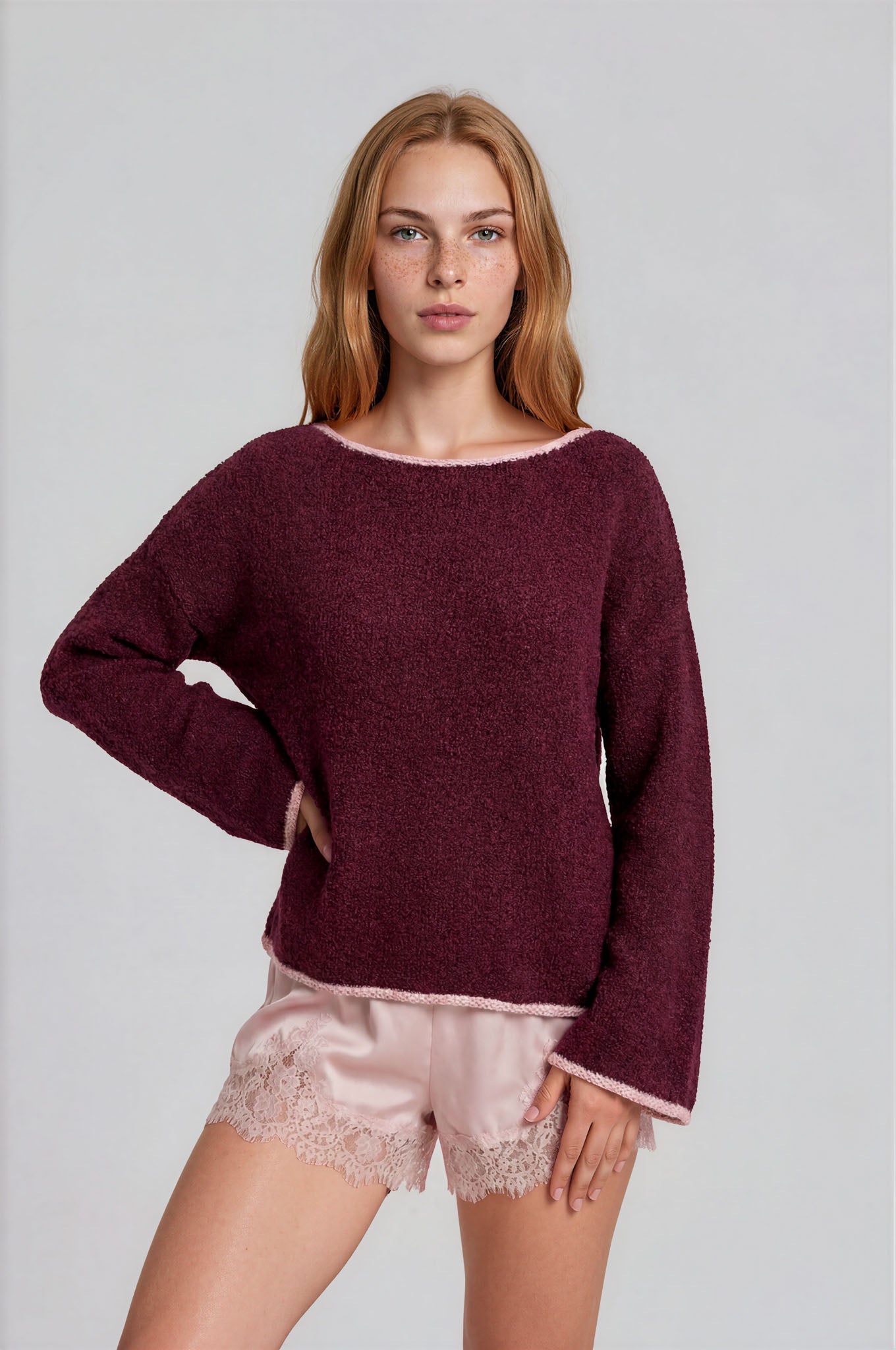 BOAT NECK CONTRAST TRIM LONG SLEEVE KNIT SWEATER (PRE-ORDER)