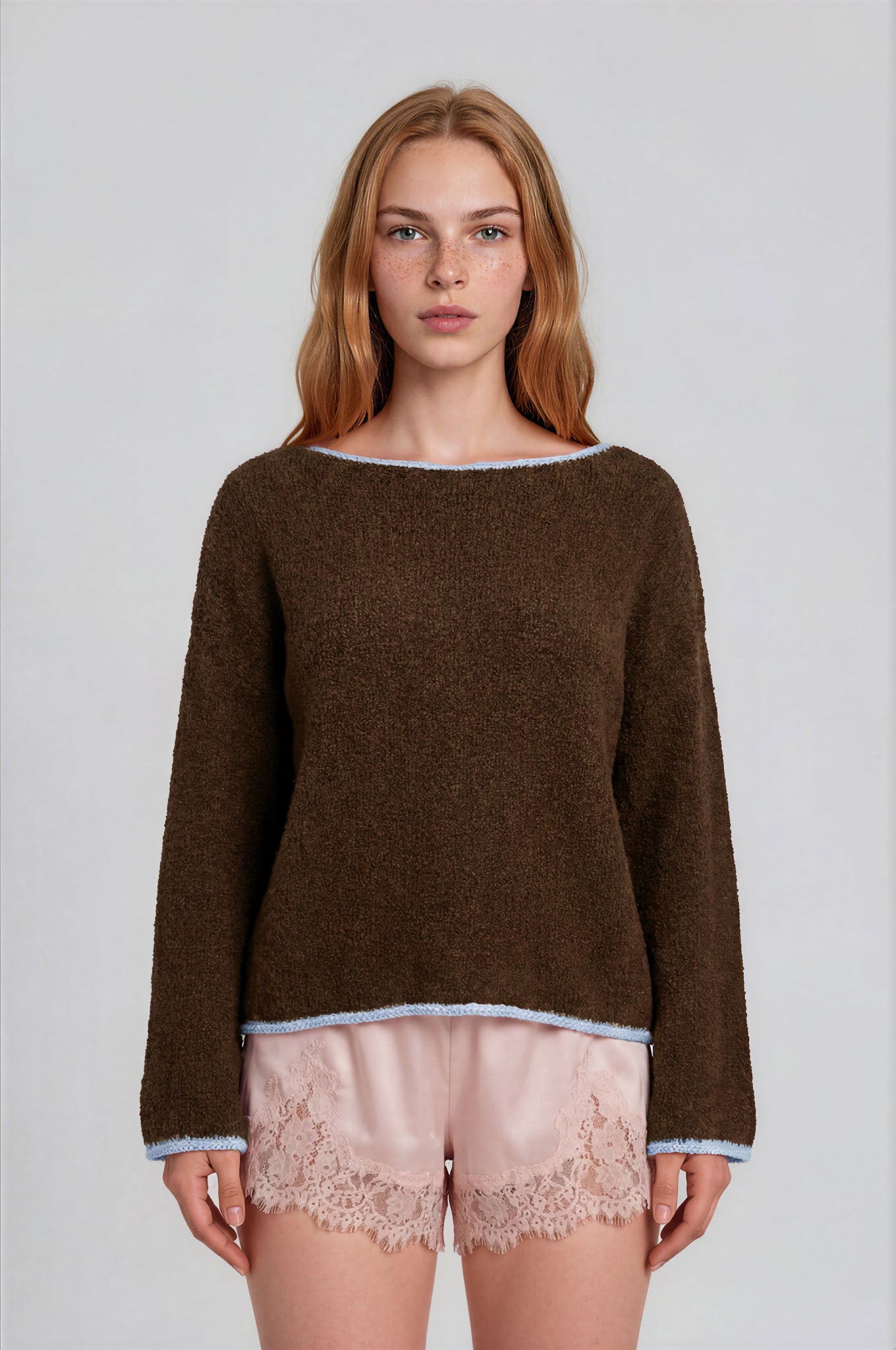BOAT NECK CONTRAST TRIM LONG SLEEVE KNIT SWEATER (PRE-ORDER)