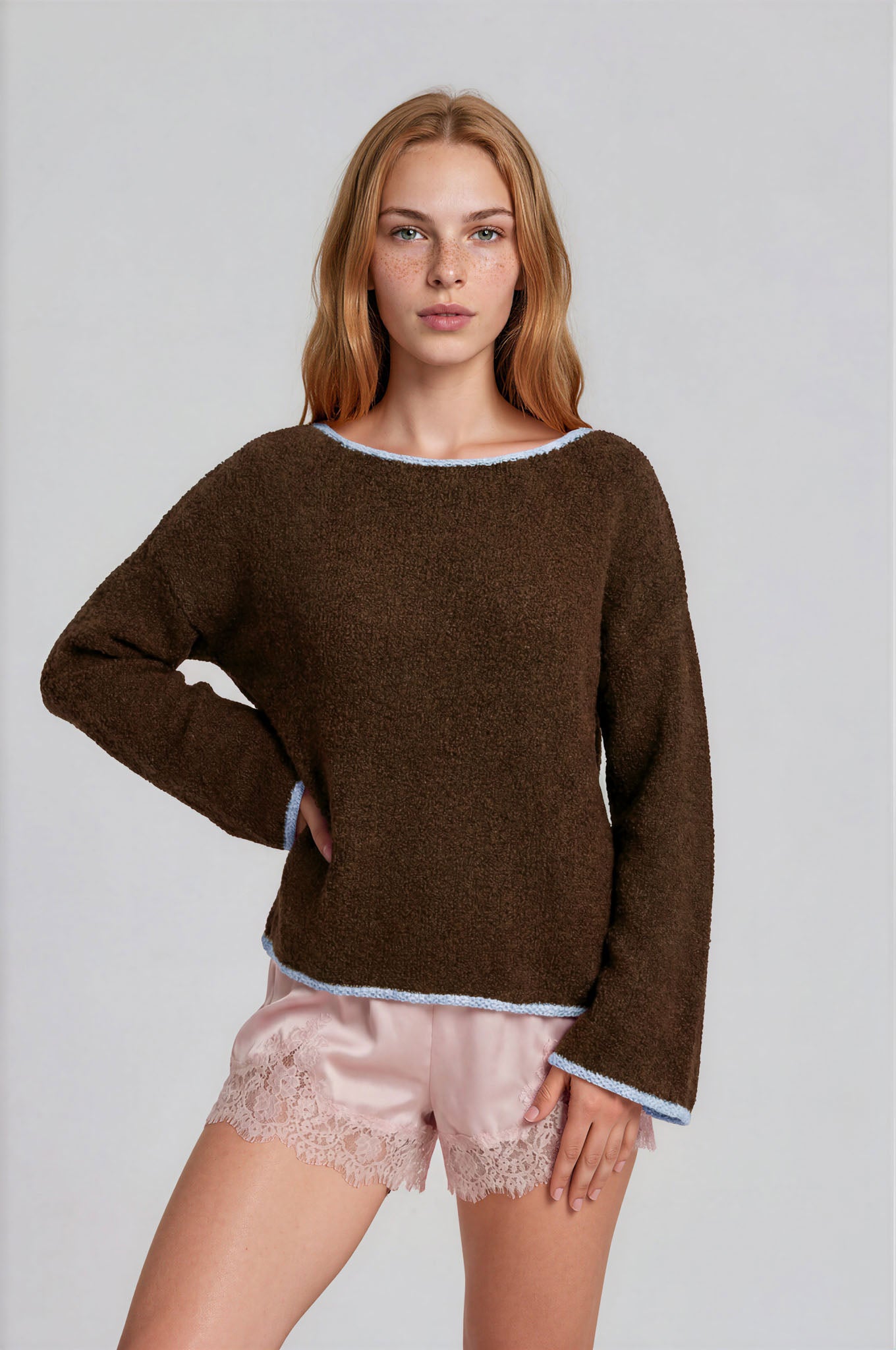 BOAT NECK CONTRAST TRIM LONG SLEEVE KNIT SWEATER (PRE-ORDER)