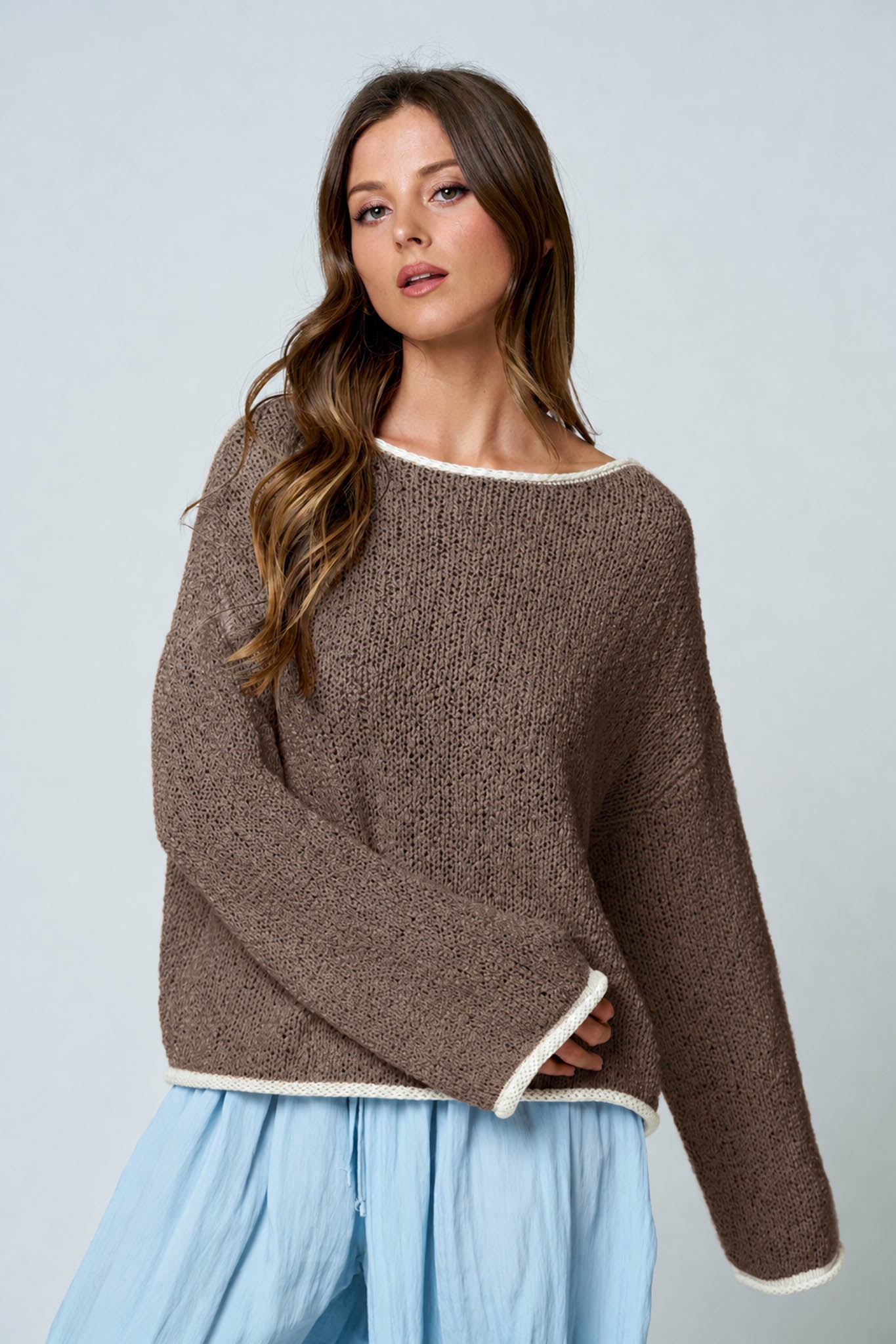 BOAT NECK CONTRAST TRIM LONG SLEEVE KNIT SWEATER (PRE-ORDER)