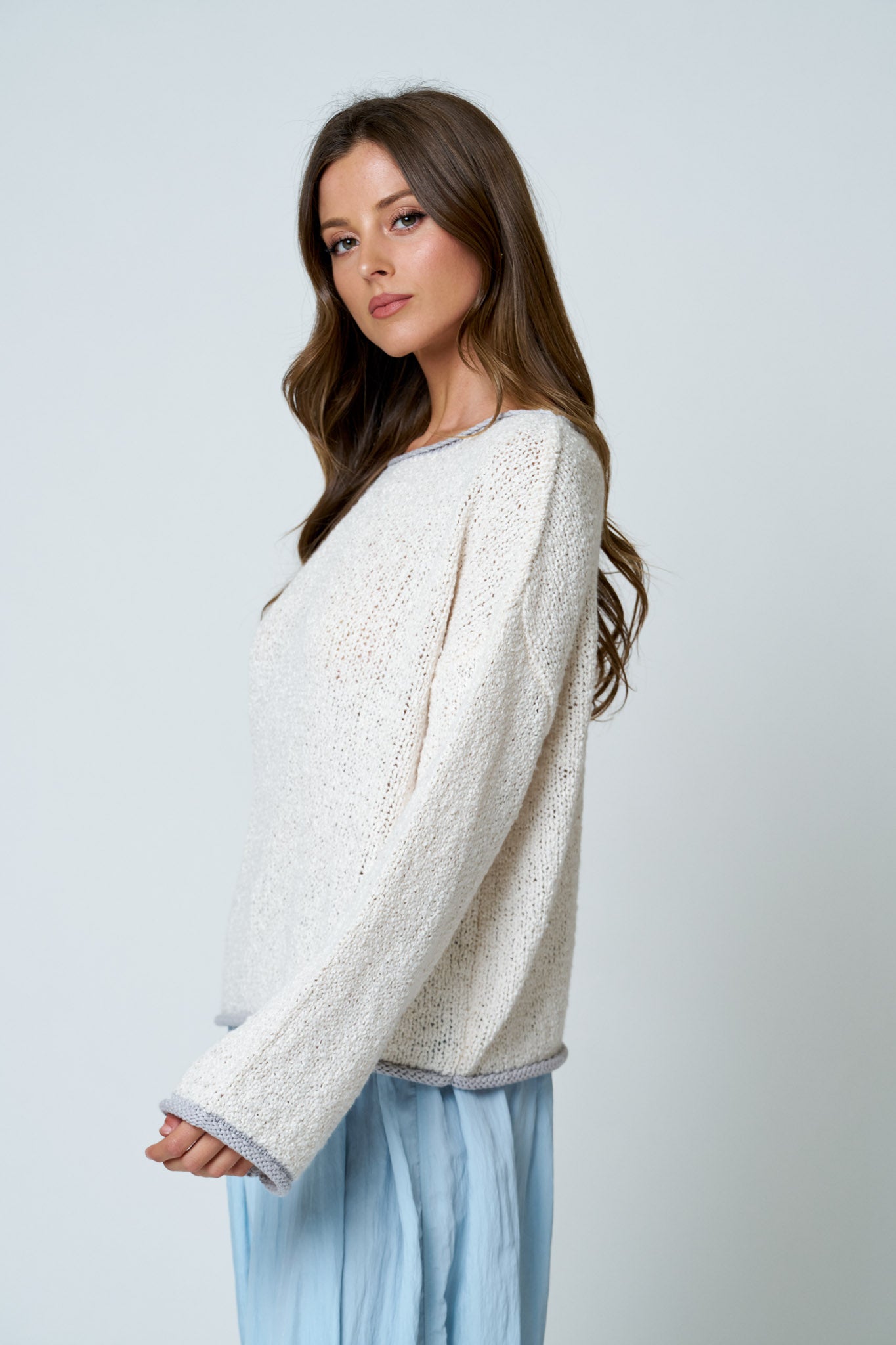 BOAT NECK CONTRAST TRIM LONG SLEEVE KNIT SWEATER (PRE-ORDER)